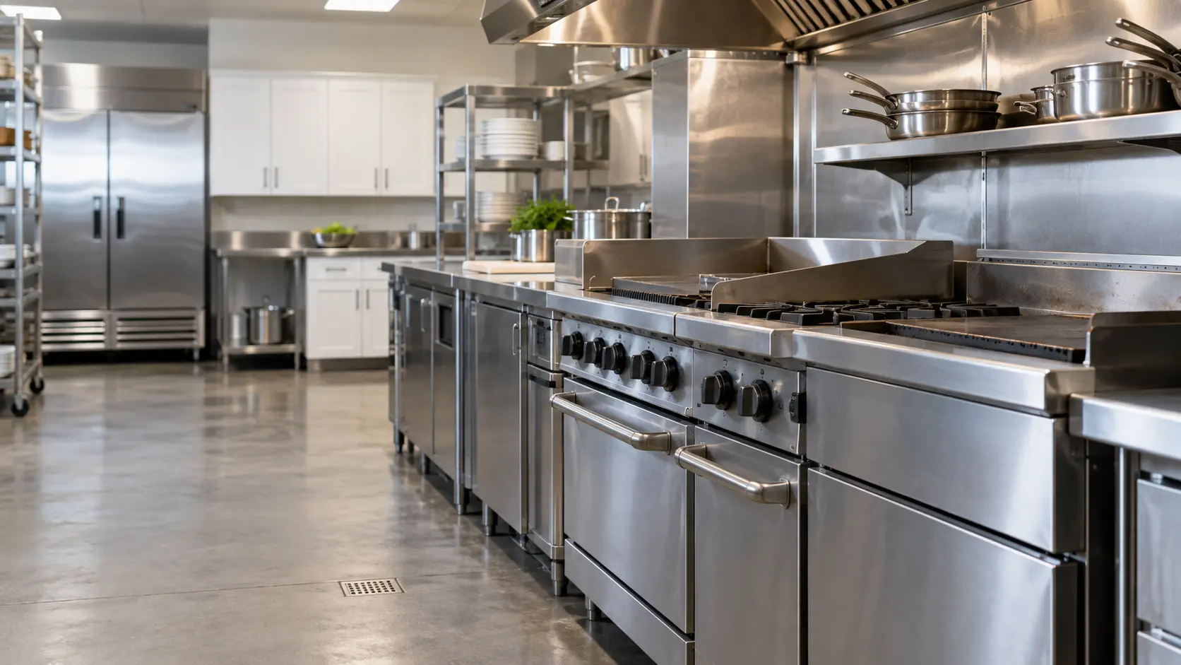 A restaurant kitchen with a cooking line and white shaker cabinets, seen close at the stainless equipment.