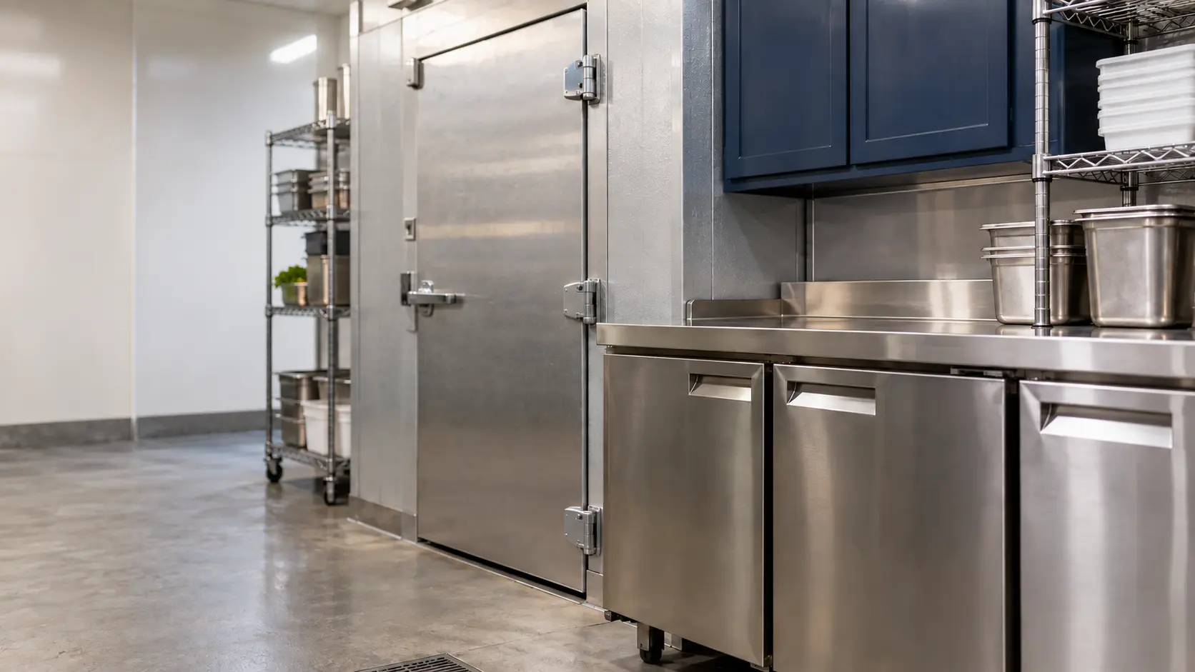 A restaurant back room with a walk-in cooler and navy painted cabinets, seen close at the stainless equipment.