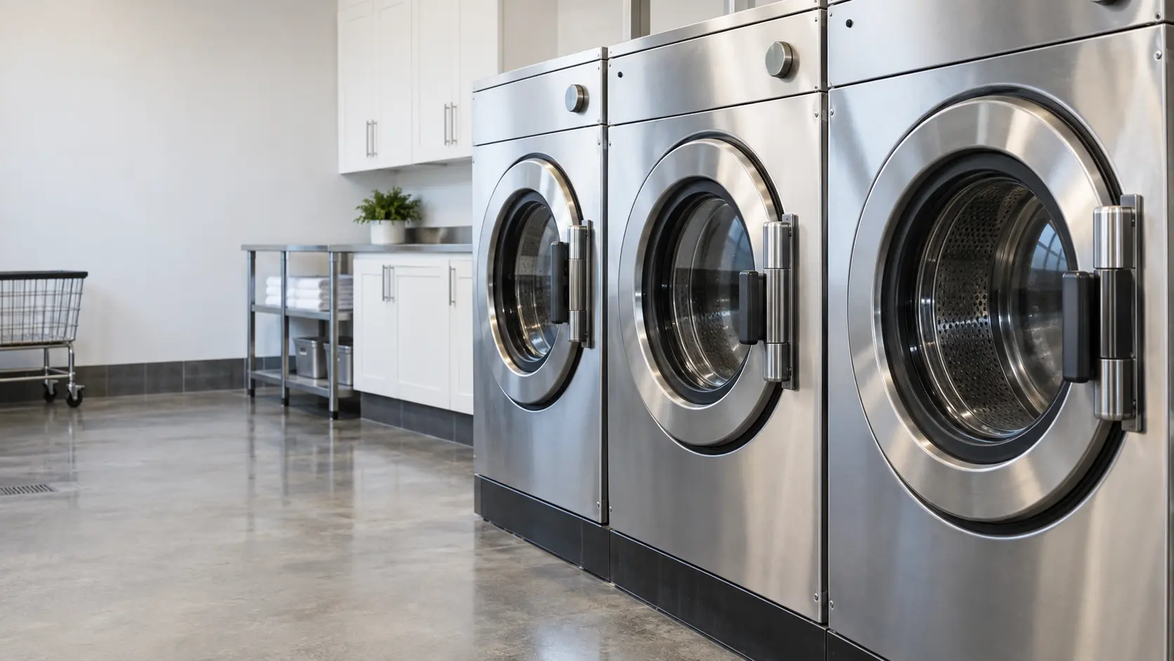 A laundromat with rows of machines and white shaker cabinets, seen close at the stainless equipment.