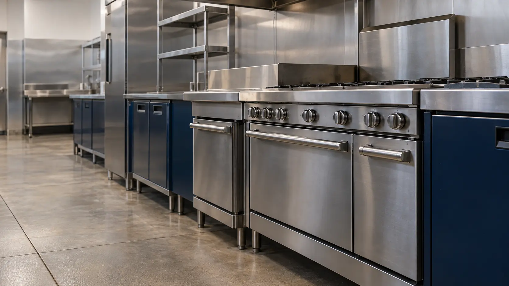 A restaurant kitchen with a cooking line and navy painted cabinets, seen close at the stainless equipment.