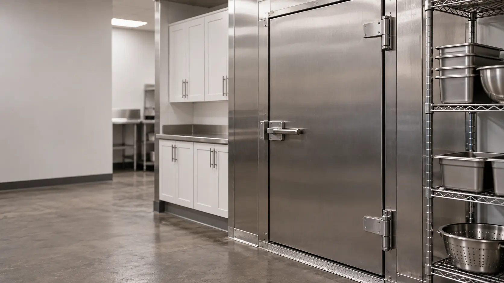 A restaurant back room with a walk-in cooler and white shaker cabinets, seen close at the stainless equipment.