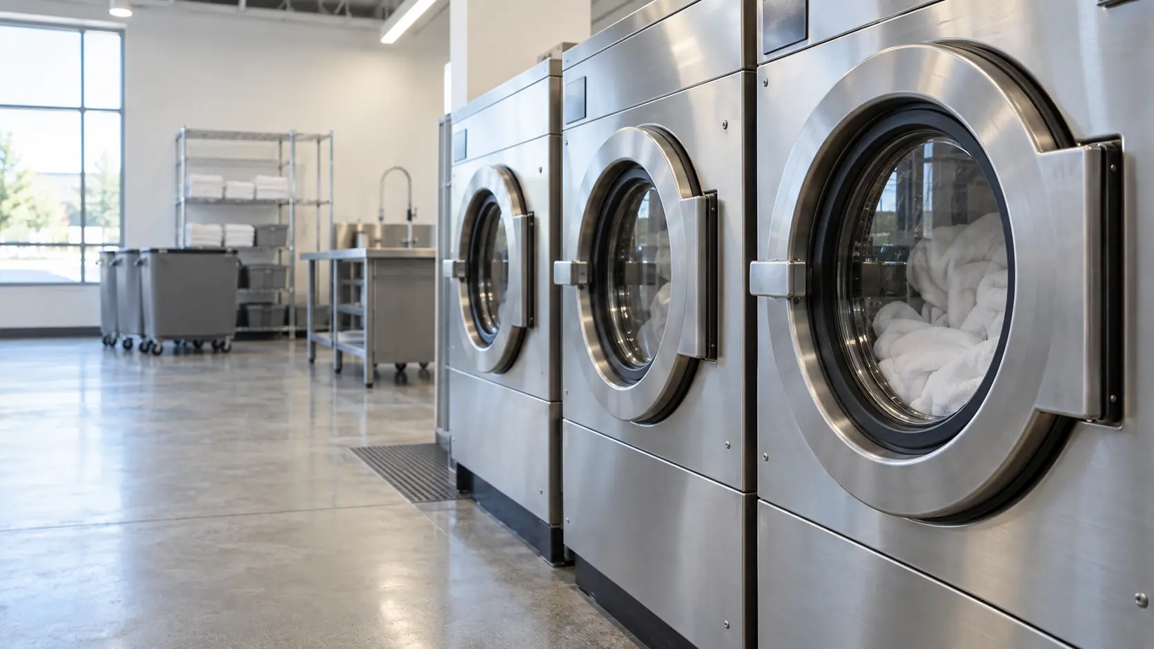 A laundromat with rows of machines and gray slab cabinets, seen close at the stainless equipment.