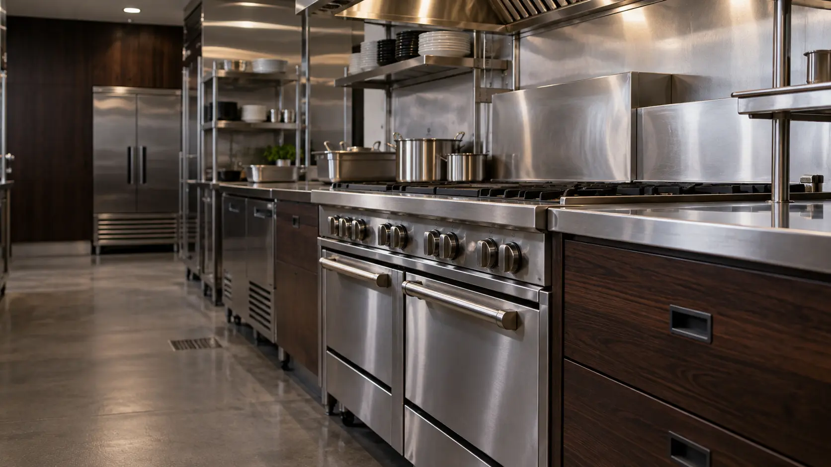 A restaurant kitchen with a cooking line and dark walnut cabinets, seen close at the stainless equipment.