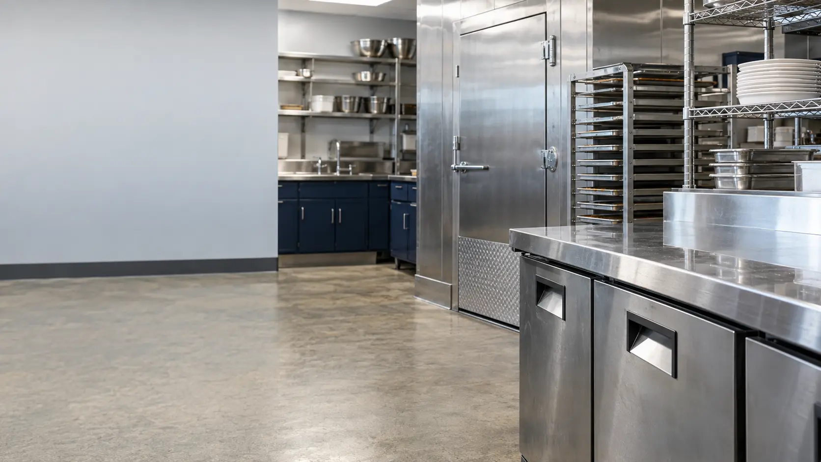 A restaurant back room with a walk-in cooler and navy painted cabinets, seen close at the stainless equipment.