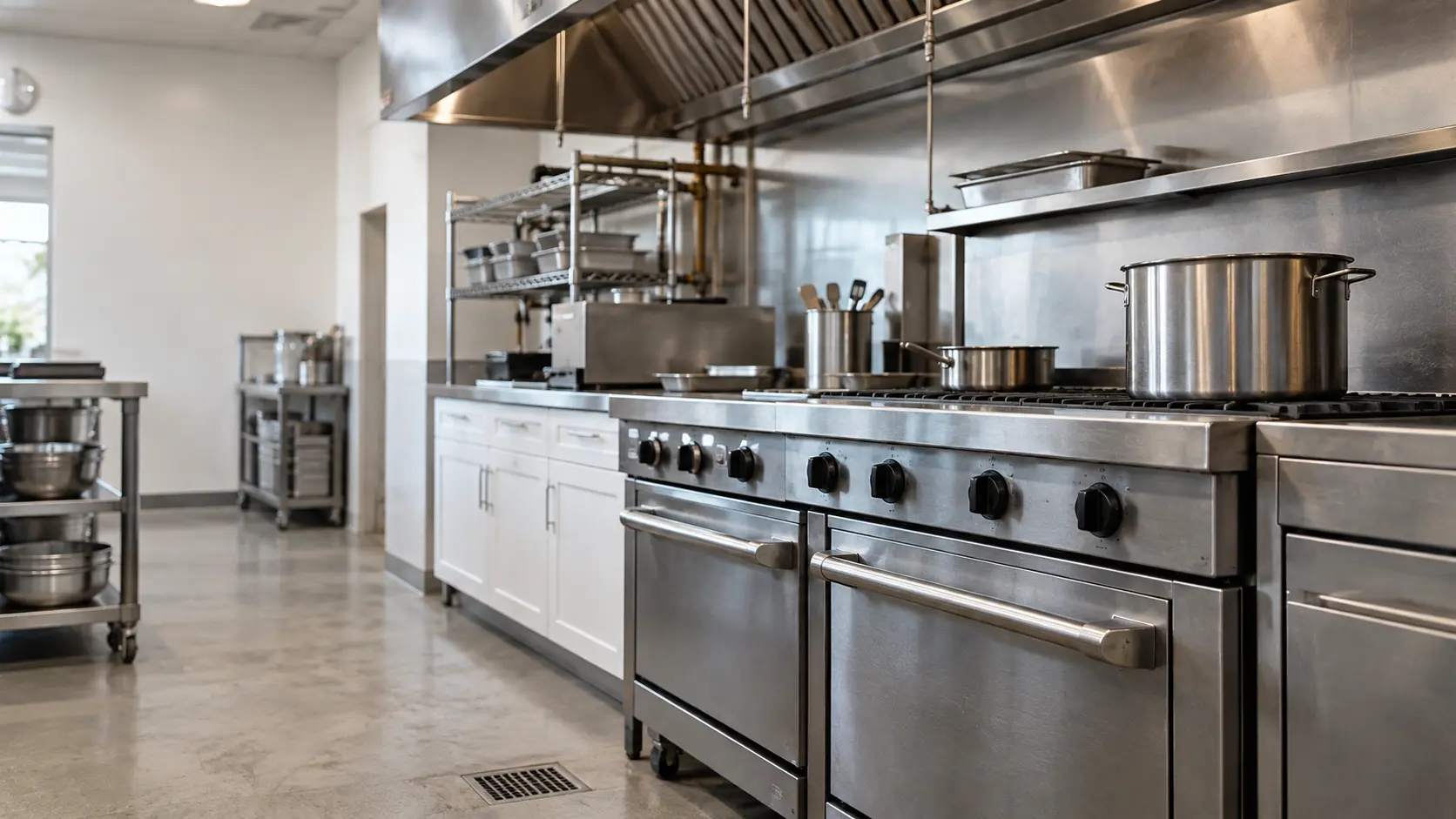 A restaurant kitchen with a cooking line and white shaker cabinets, seen close at the stainless equipment.