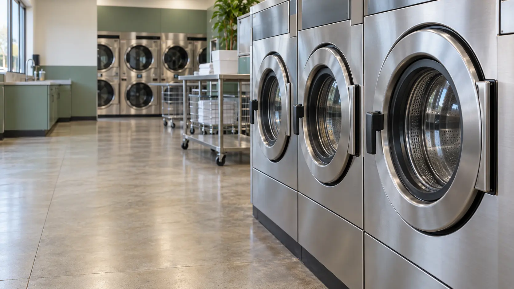 A laundromat with rows of machines and sage green cabinets, seen close at the stainless equipment.
