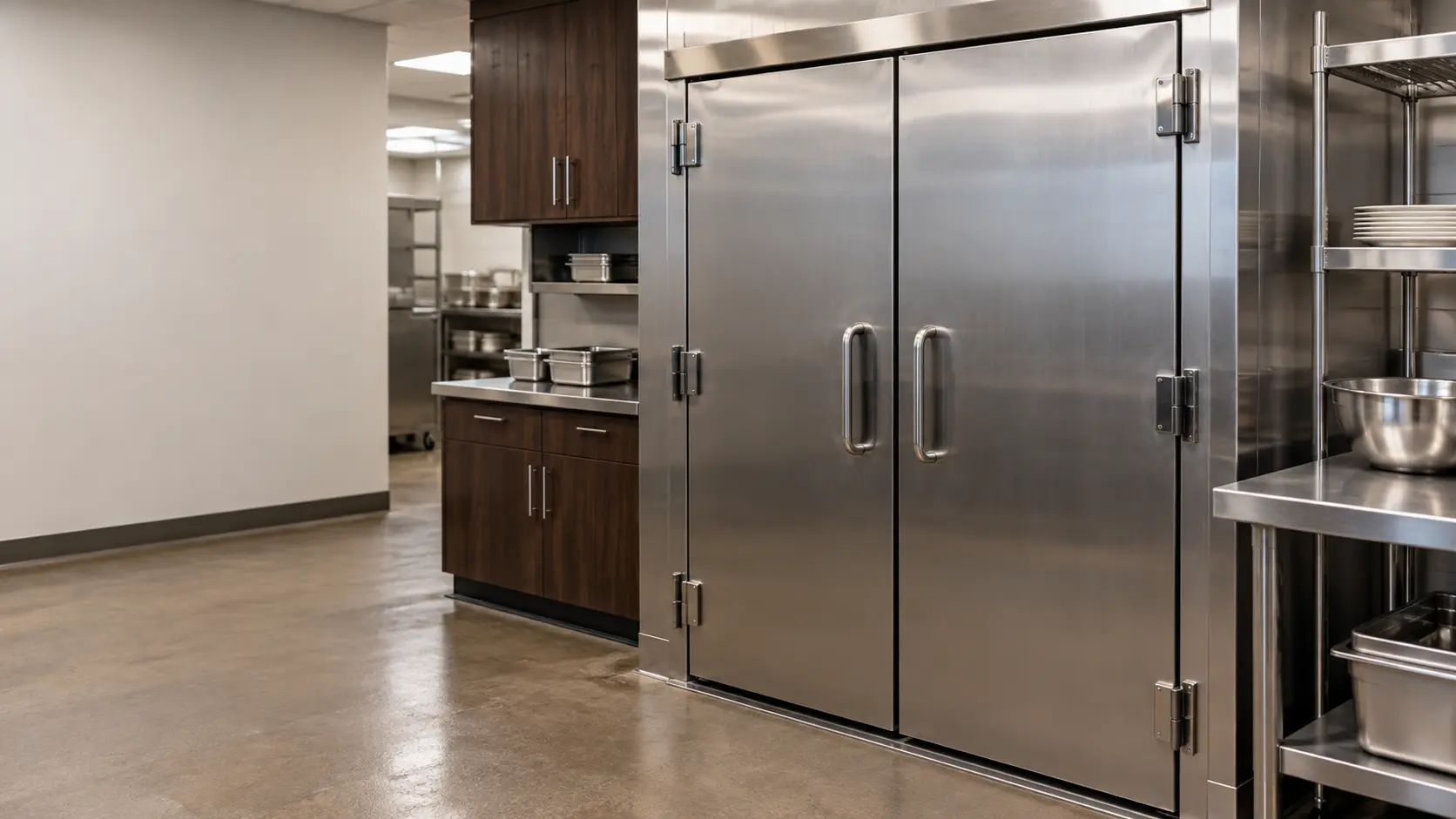 A restaurant back room with a walk-in cooler and dark walnut cabinets, seen close at the stainless equipment.