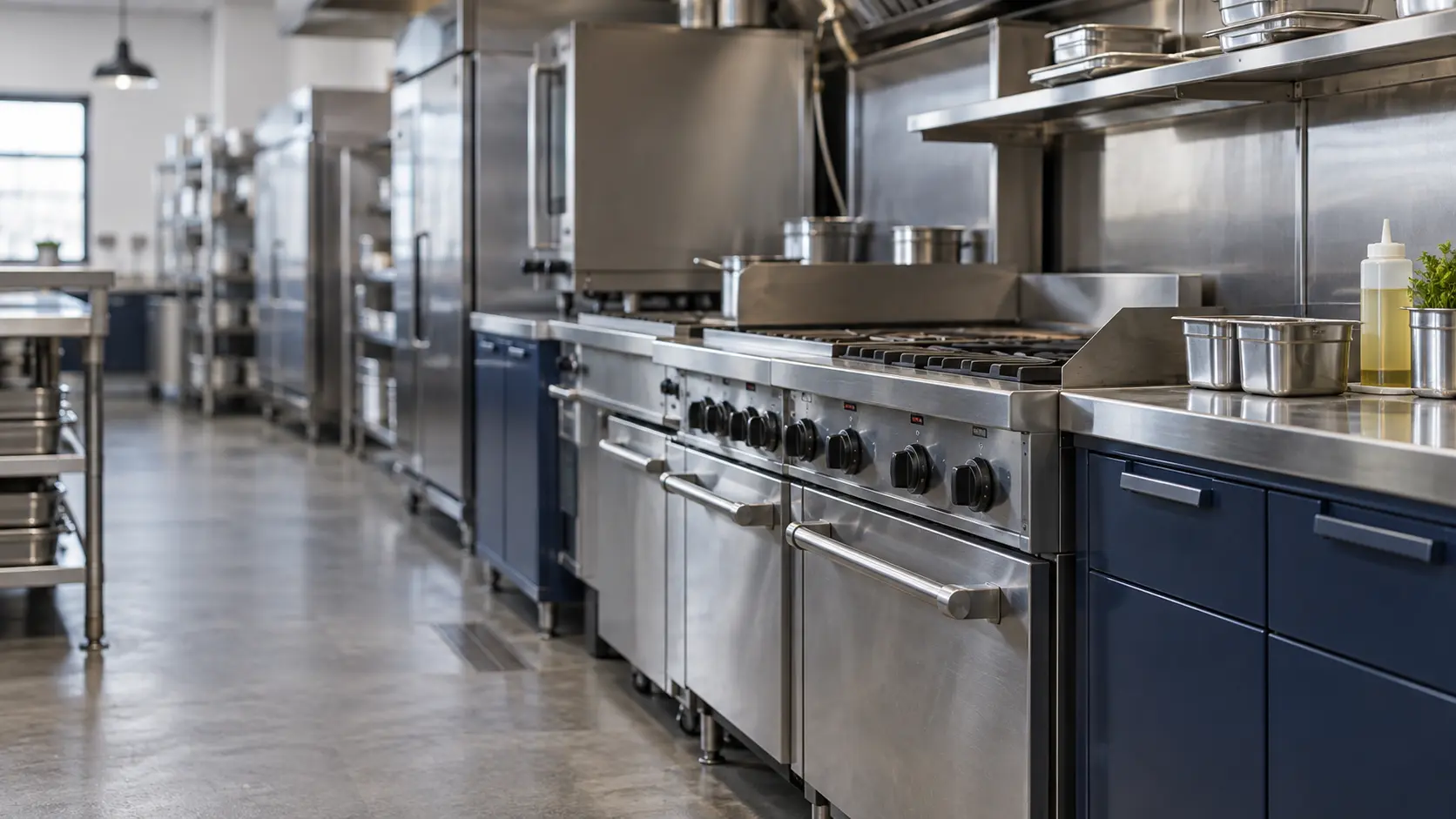 A restaurant kitchen with a cooking line and navy painted cabinets, seen close at the stainless equipment.