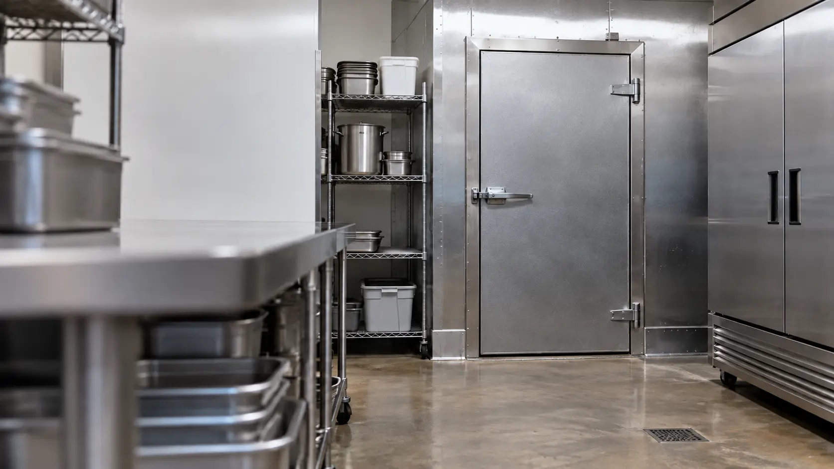 A restaurant back room with a walk-in cooler and gray slab cabinets, seen close at the stainless equipment.