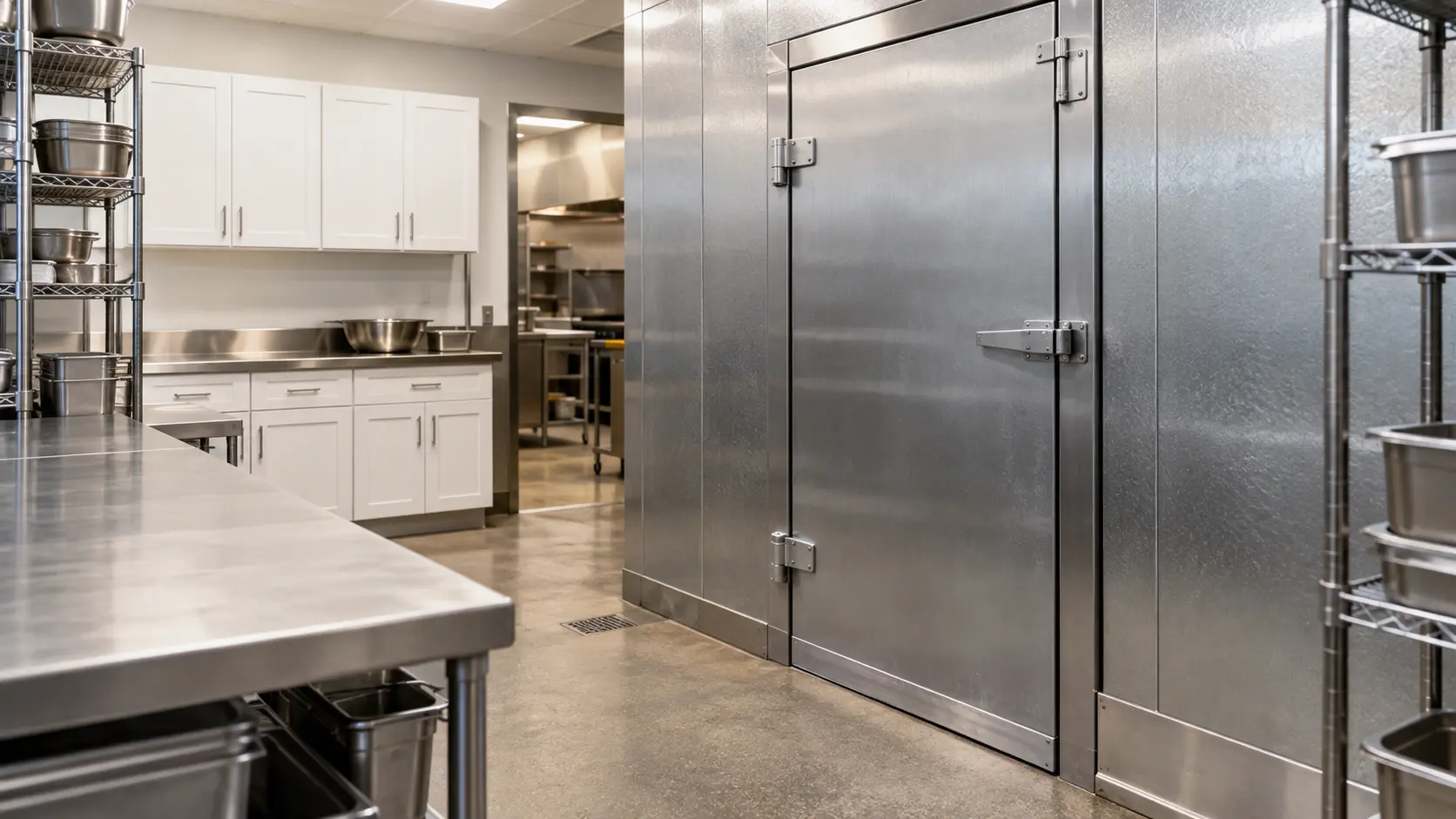 A restaurant back room with a walk-in cooler and white shaker cabinets, seen close at the stainless equipment.