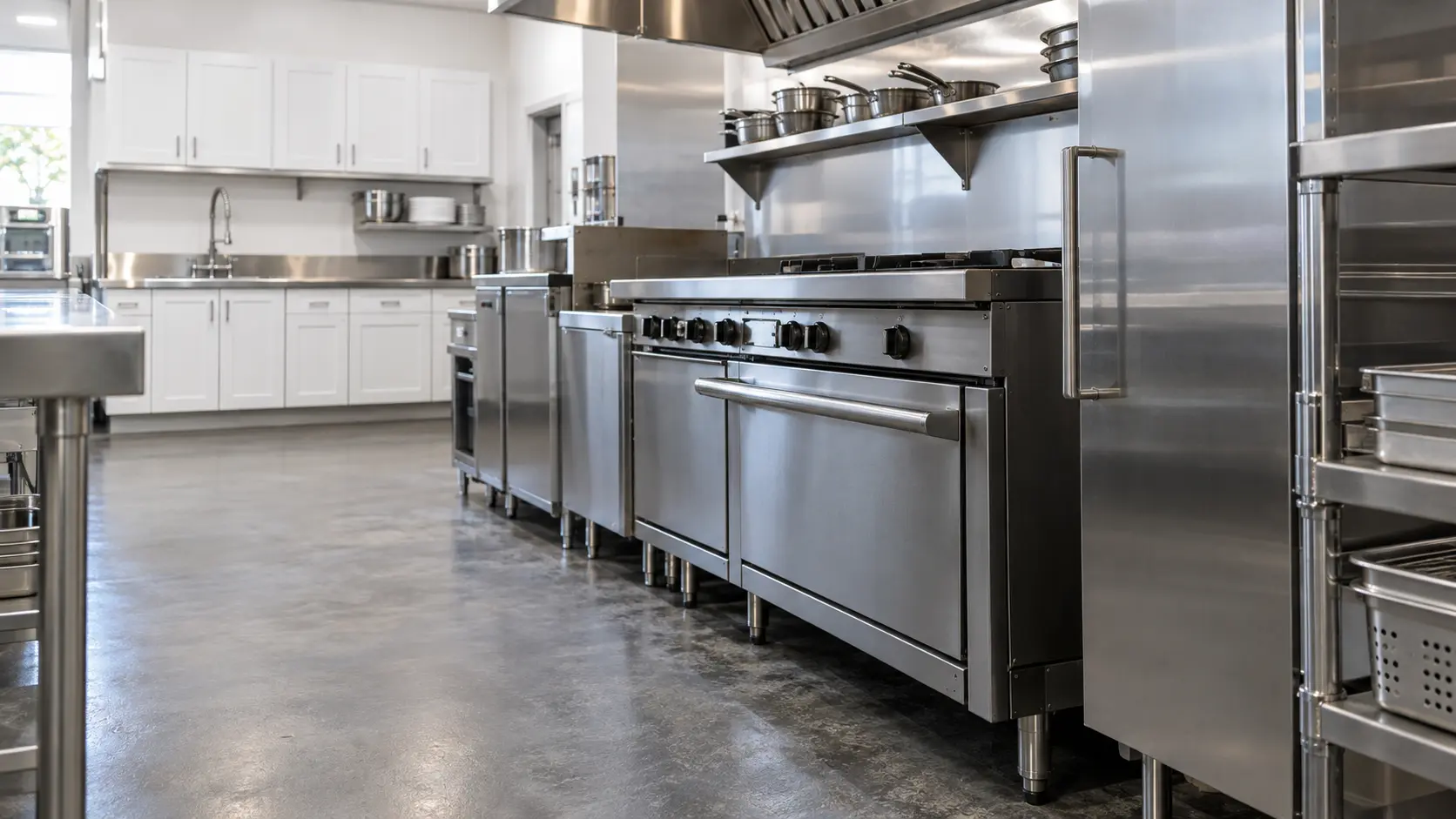 A restaurant kitchen with a cooking line and white shaker cabinets, seen close at the stainless equipment.