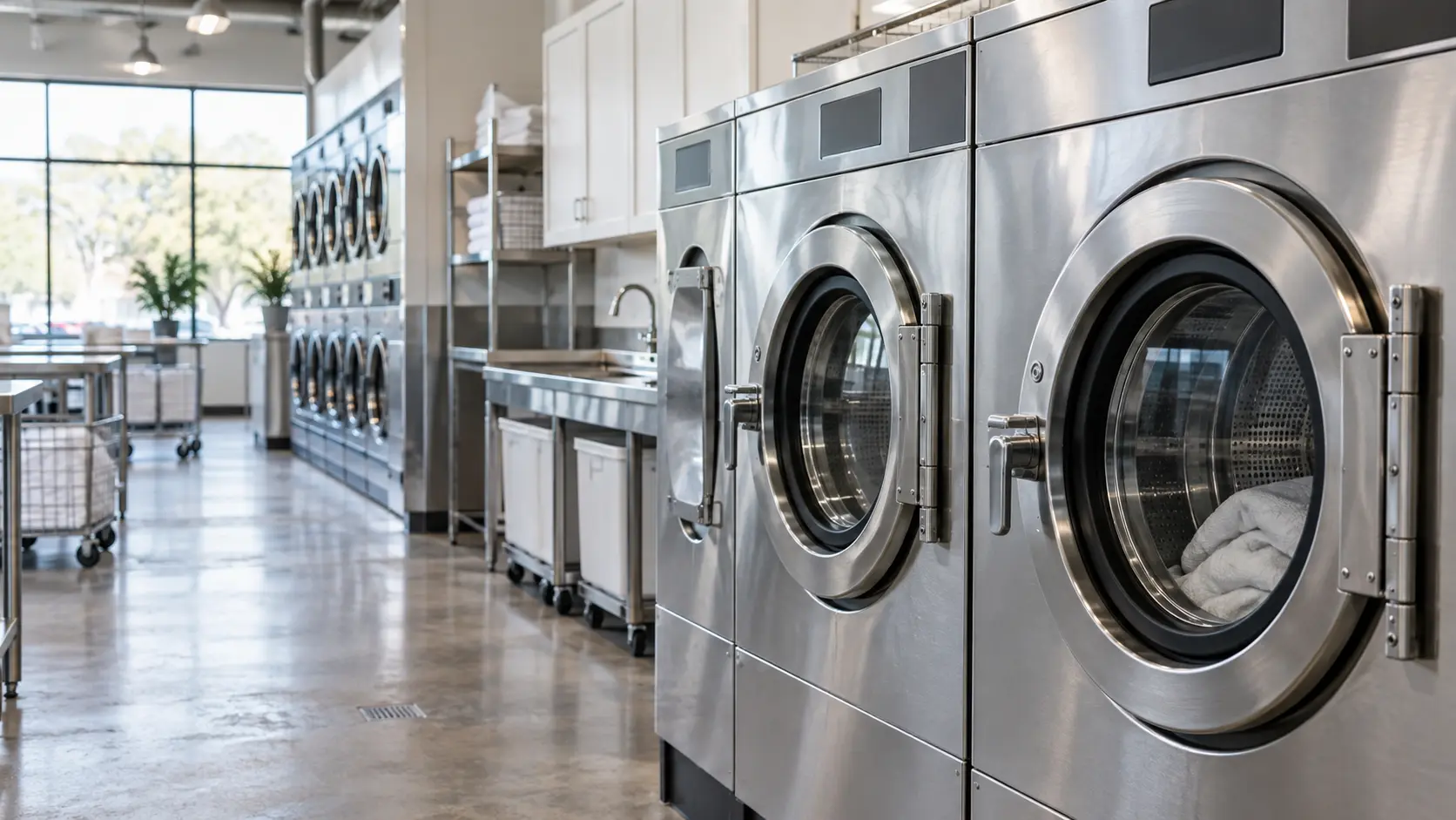 A laundromat with rows of machines and white shaker cabinets, seen close at the stainless equipment.