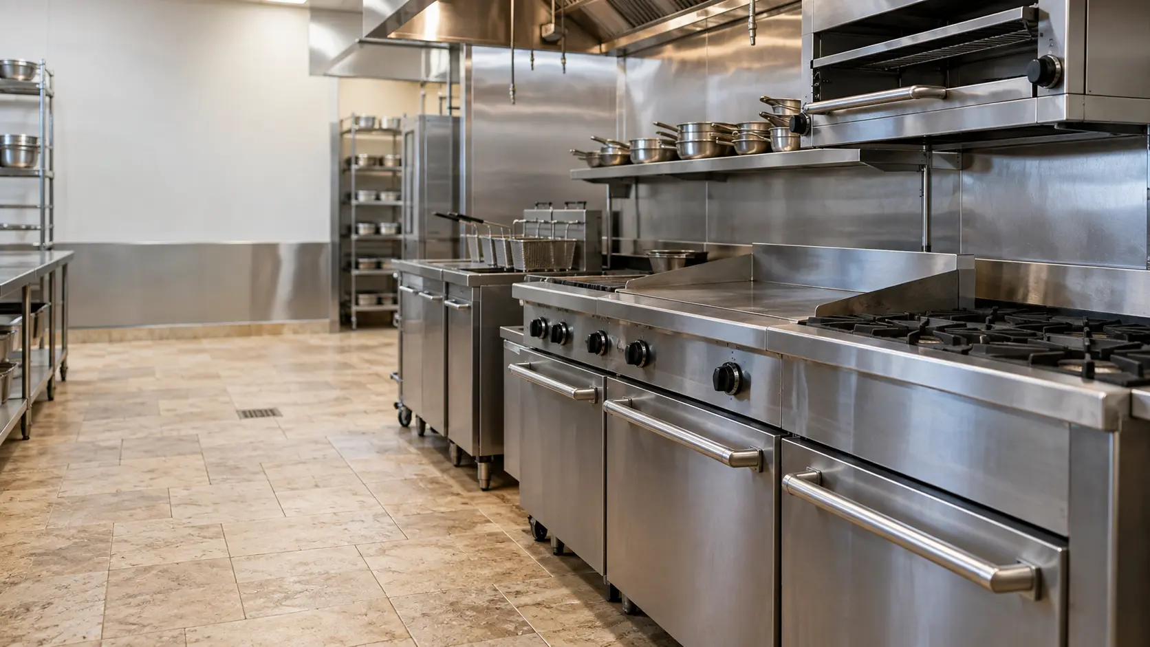 A restaurant kitchen with a cooking line and travertine pavers, seen close at the stainless equipment.