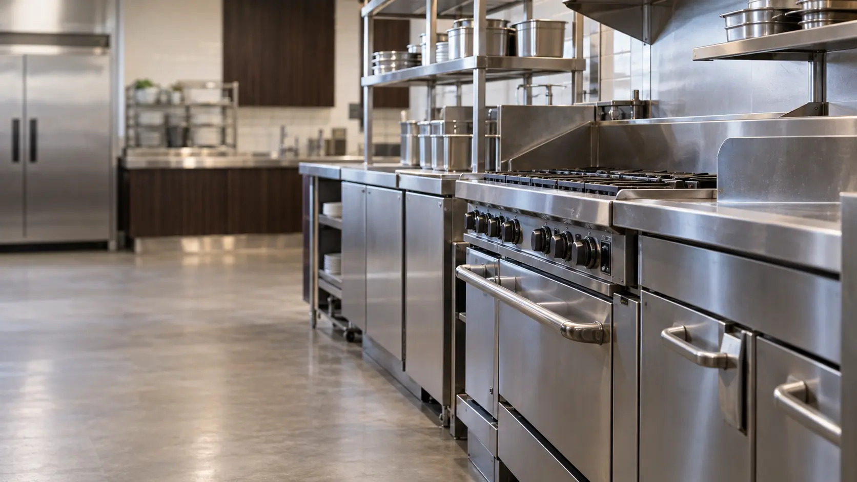 A restaurant kitchen with a cooking line and dark walnut cabinets, seen close at the stainless equipment.