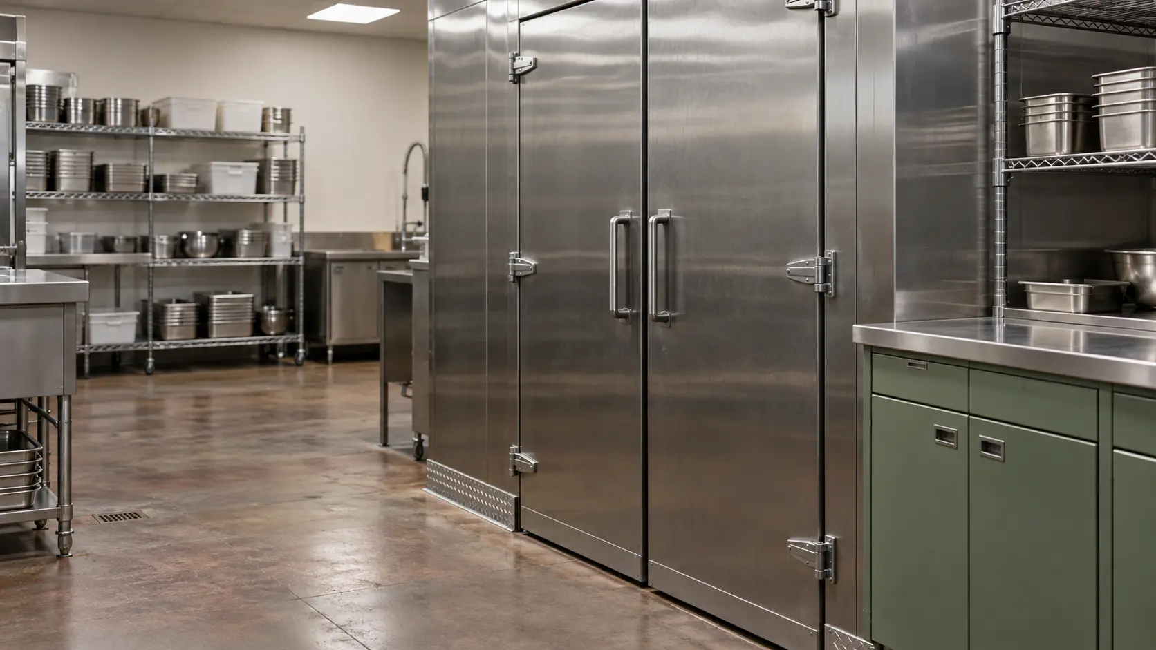 A restaurant back room with a walk-in cooler and sage green cabinets, seen close at the stainless equipment.