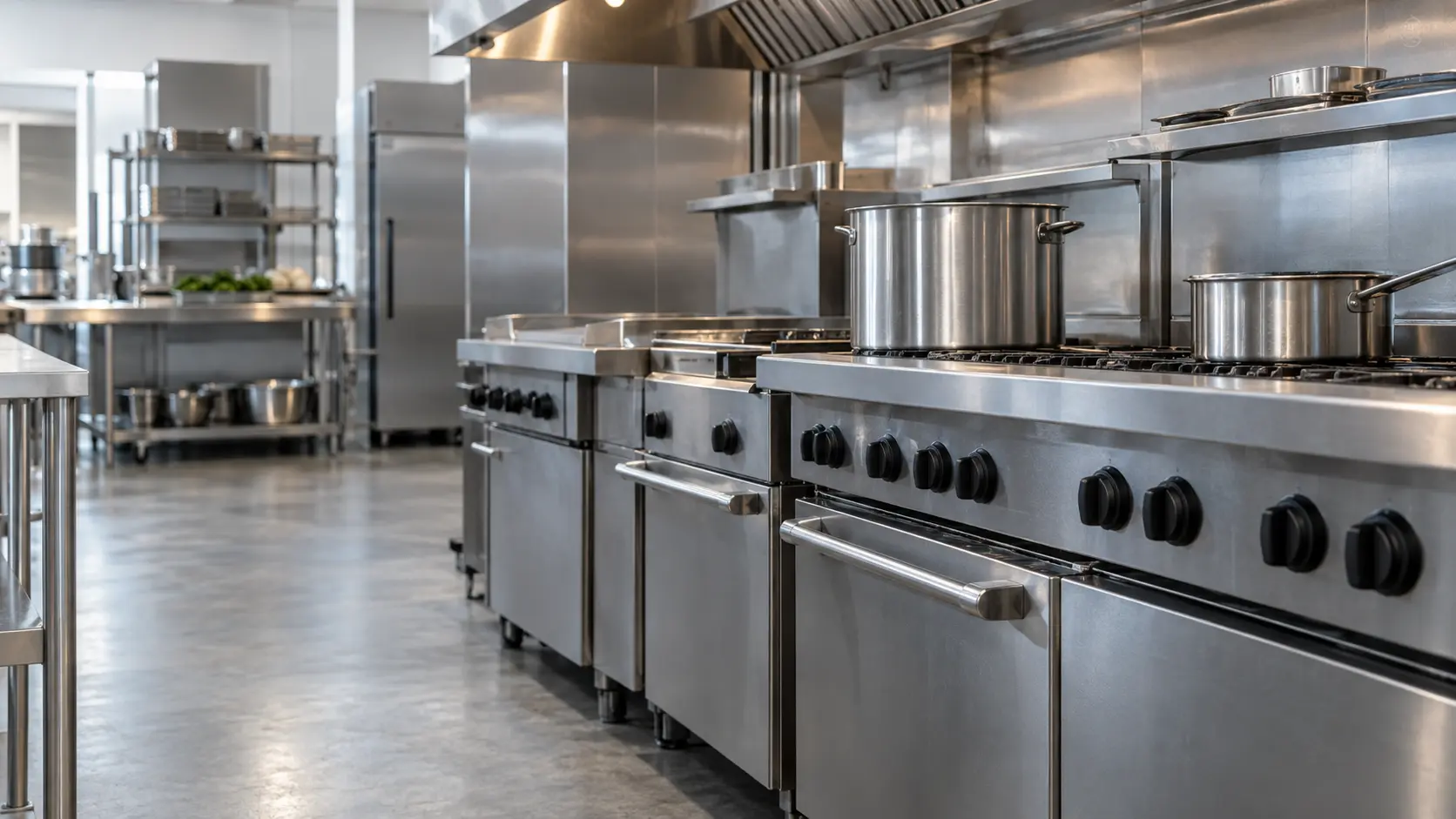 A restaurant kitchen with a cooking line and gray slab cabinets, seen close at the stainless equipment.