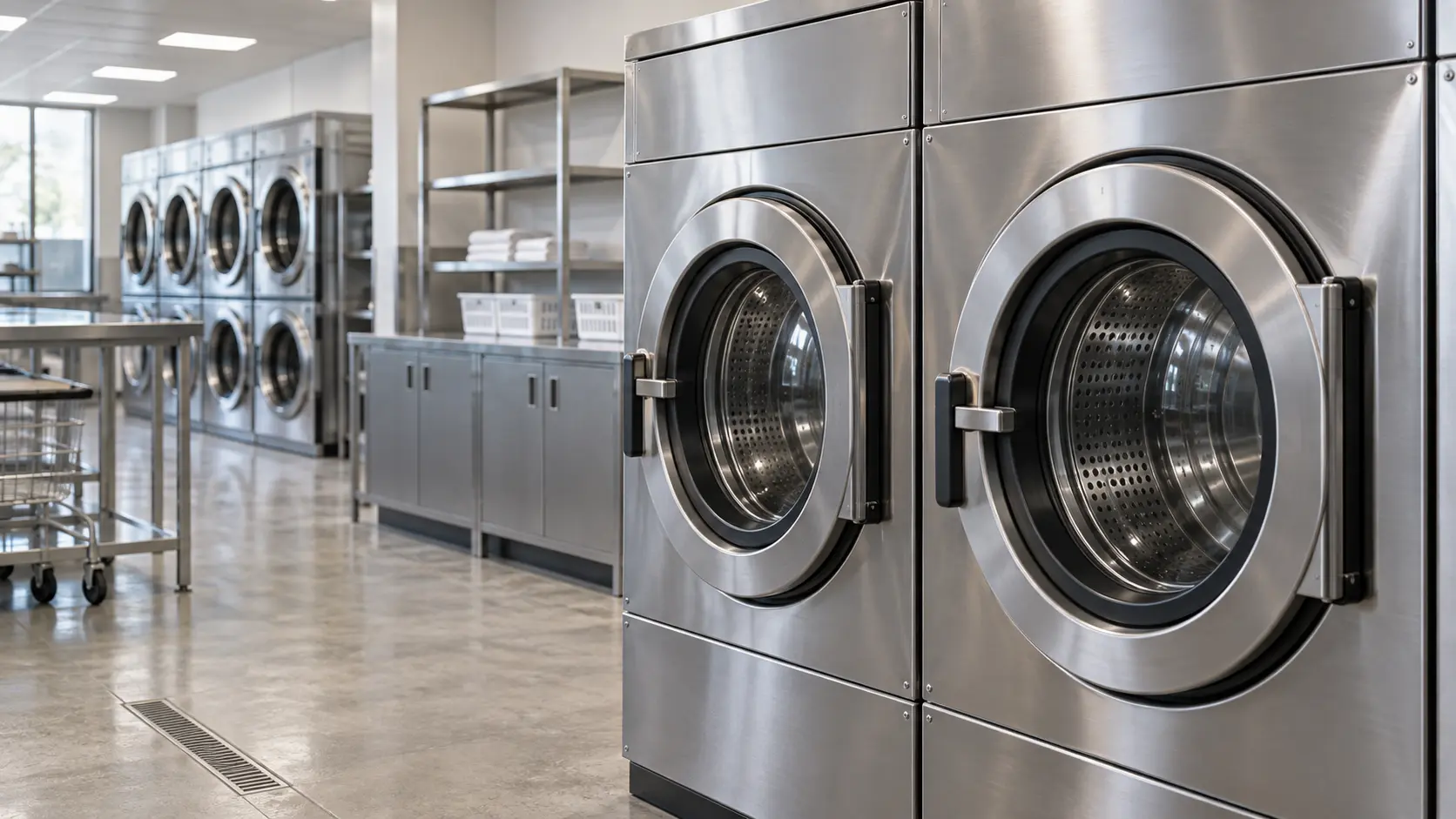 A laundromat with rows of machines and gray slab cabinets, seen close at the stainless equipment.