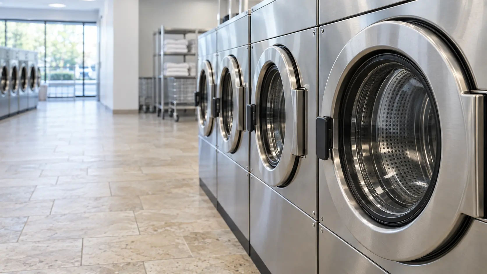 A laundromat with rows of machines and travertine pavers, seen close at the stainless equipment.