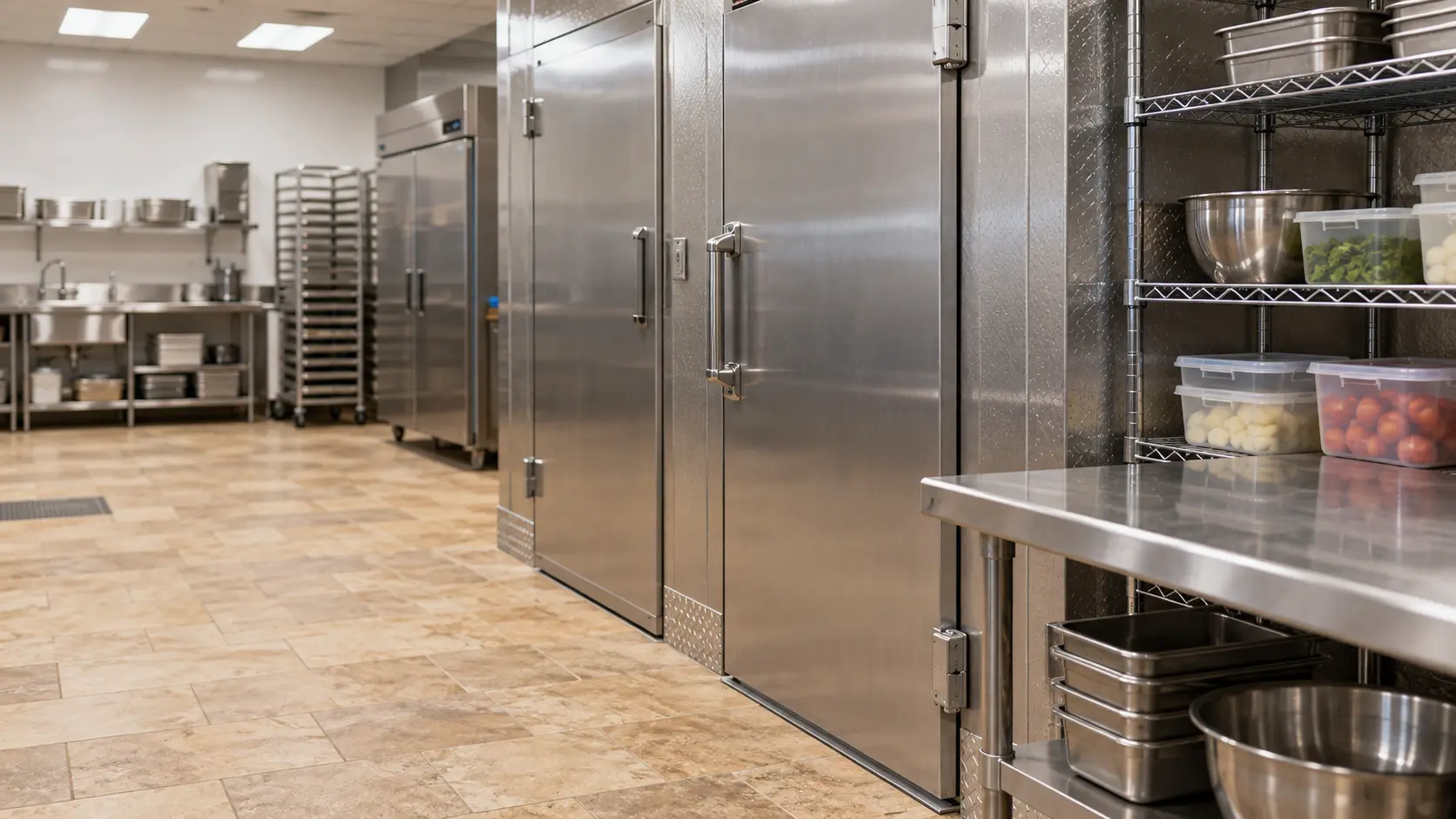 A restaurant back room with a walk-in cooler and travertine pavers, seen close at the stainless equipment.
