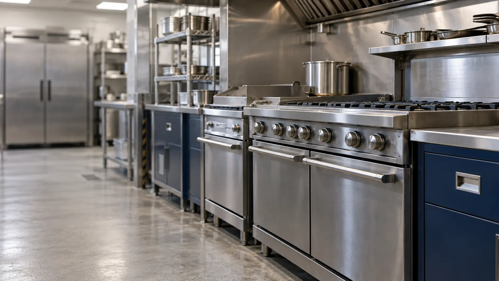 A restaurant kitchen with a cooking line and navy painted cabinets, seen close at the stainless equipment.