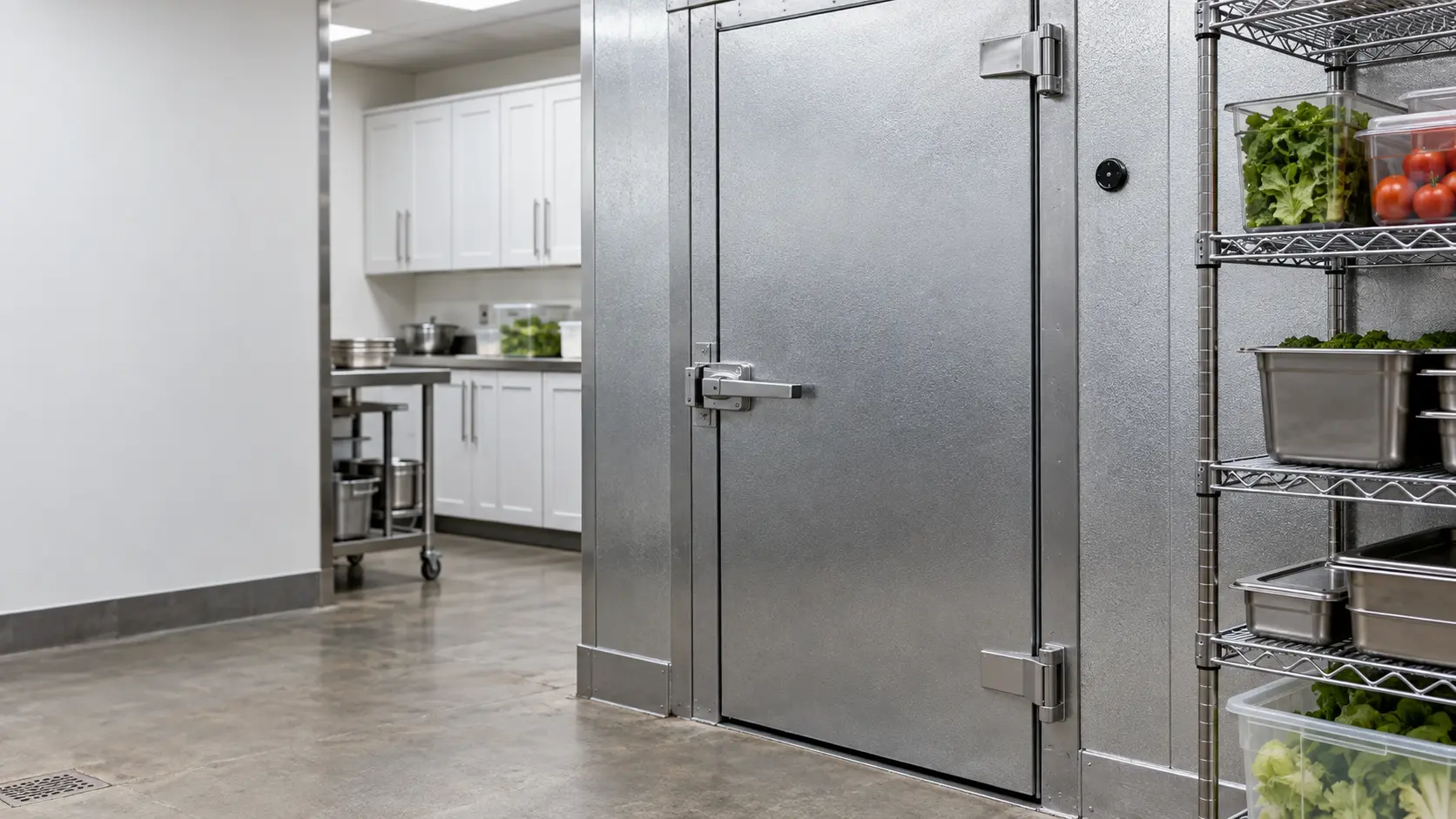 A restaurant back room with a walk-in cooler and white shaker cabinets, seen close at the stainless equipment.