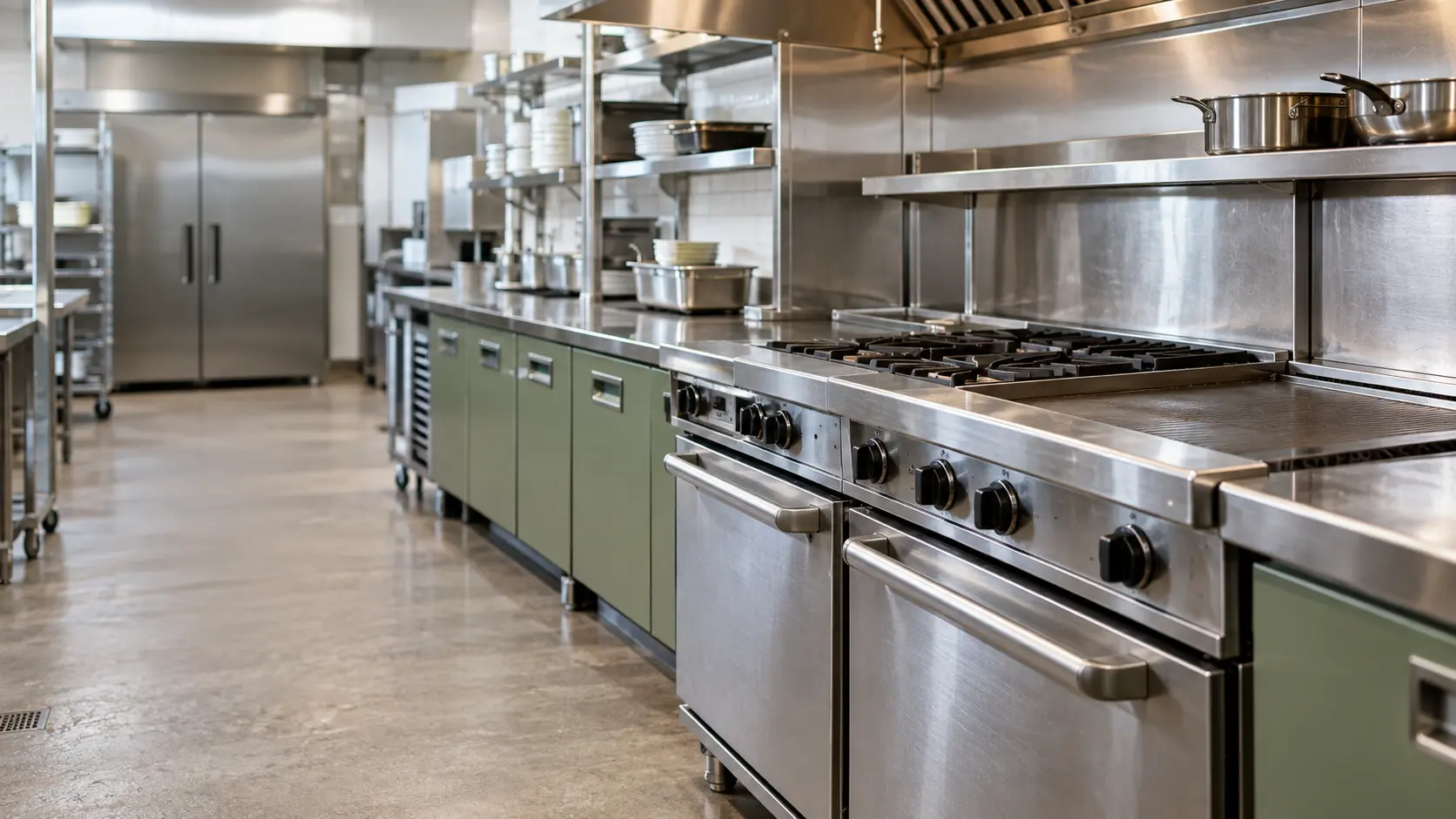 A restaurant kitchen with a cooking line and sage green cabinets, seen close at the stainless equipment.