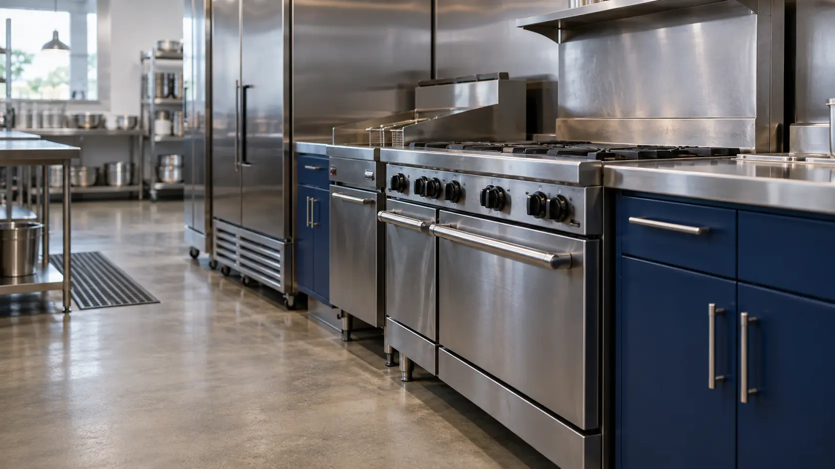 A restaurant kitchen with a cooking line and navy painted cabinets, seen close at the stainless equipment.
