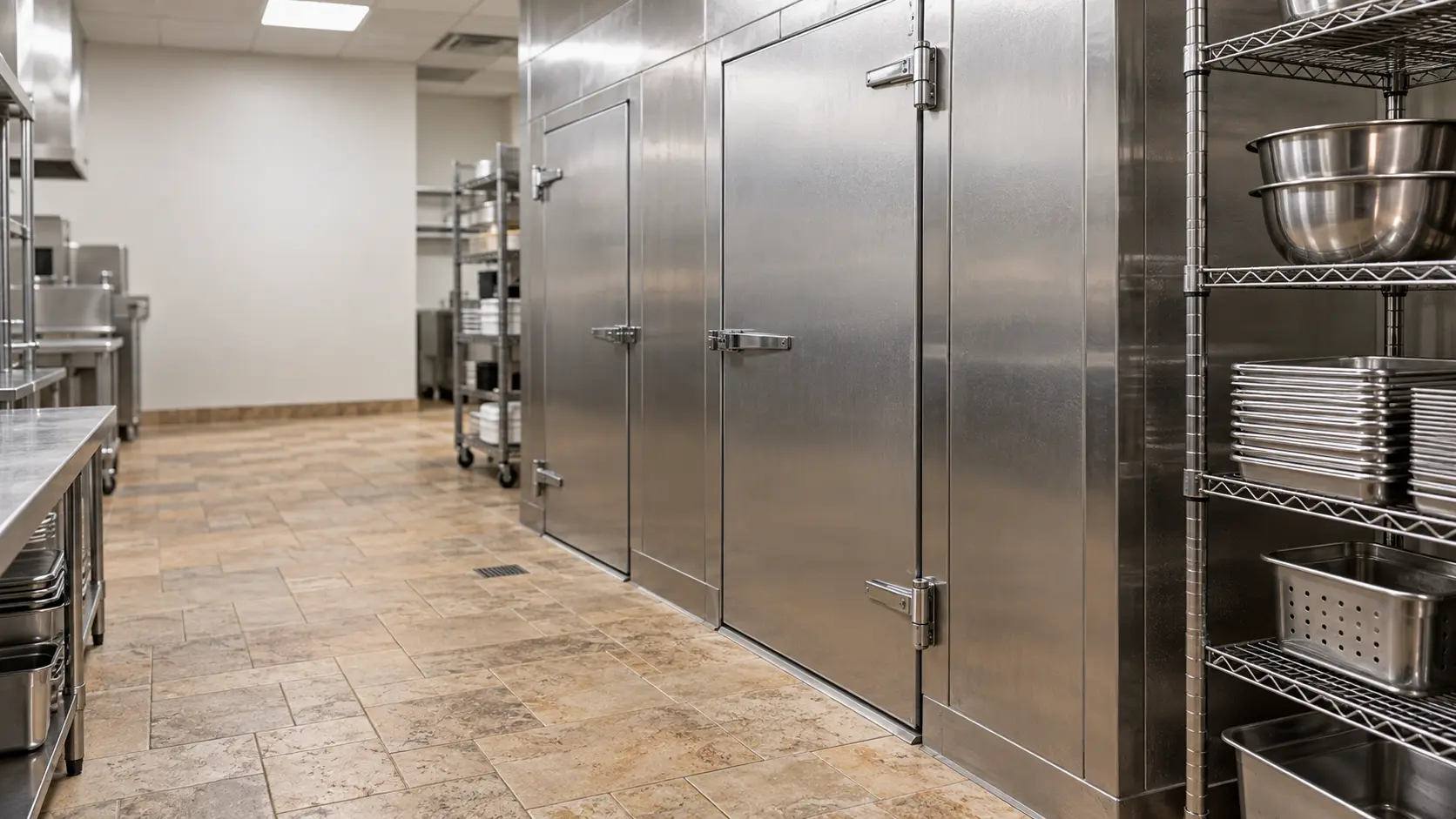 A restaurant back room with a walk-in cooler and travertine pavers, seen close at the stainless equipment.