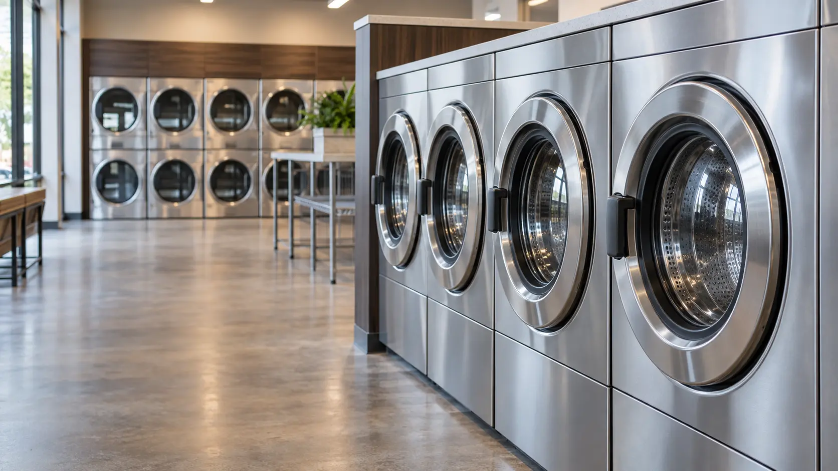 A laundromat with rows of machines and dark walnut cabinets, seen close at the stainless equipment.