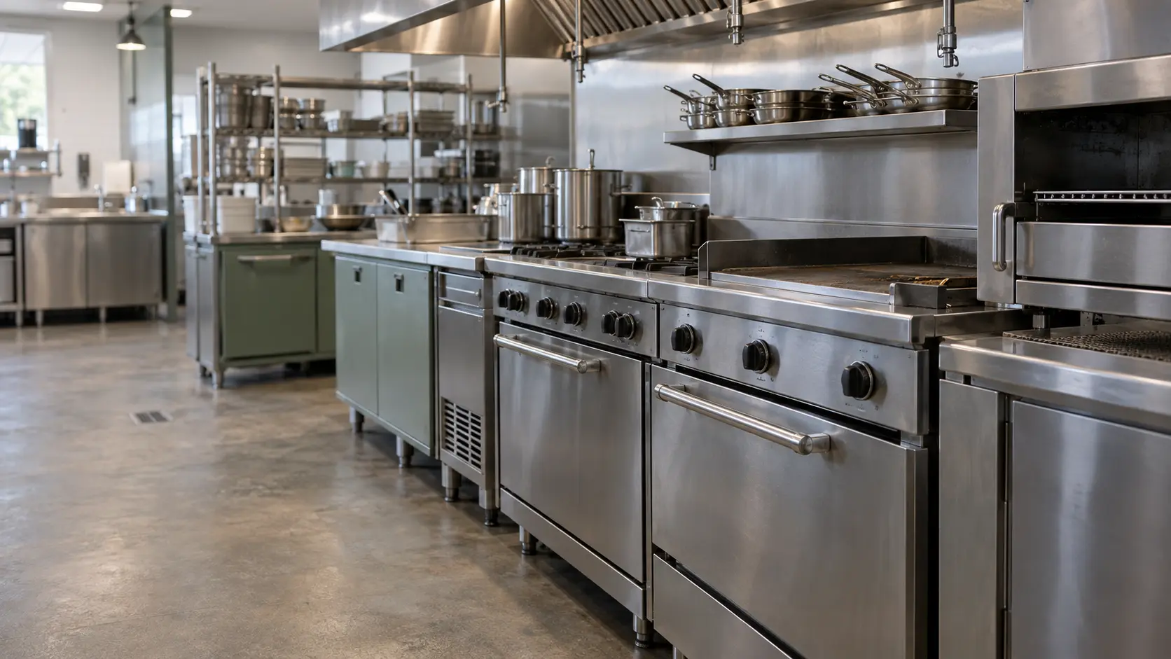 A restaurant kitchen with a cooking line and sage green cabinets, seen close at the stainless equipment.