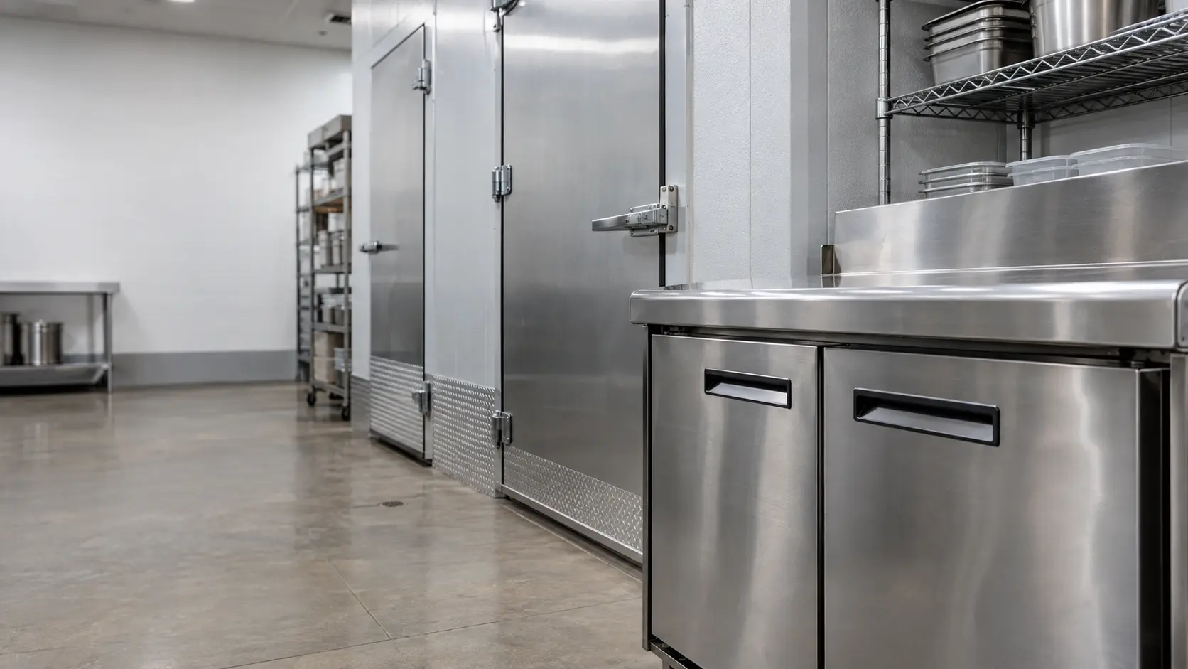 A restaurant back room with a walk-in cooler and gray slab cabinets, seen close at the stainless equipment.