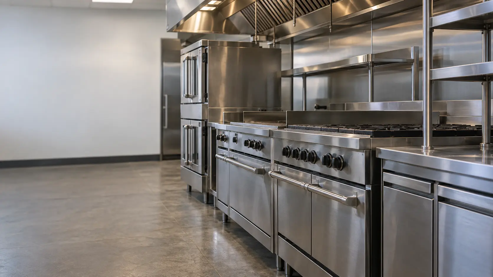 A restaurant kitchen with a cooking line and dark walnut cabinets, seen close at the stainless equipment.