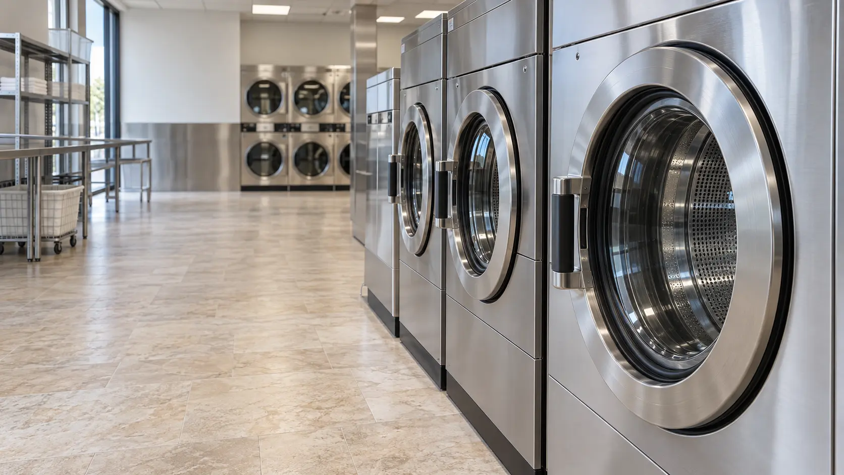 A laundromat with rows of machines and travertine pavers, seen close at the stainless equipment.
