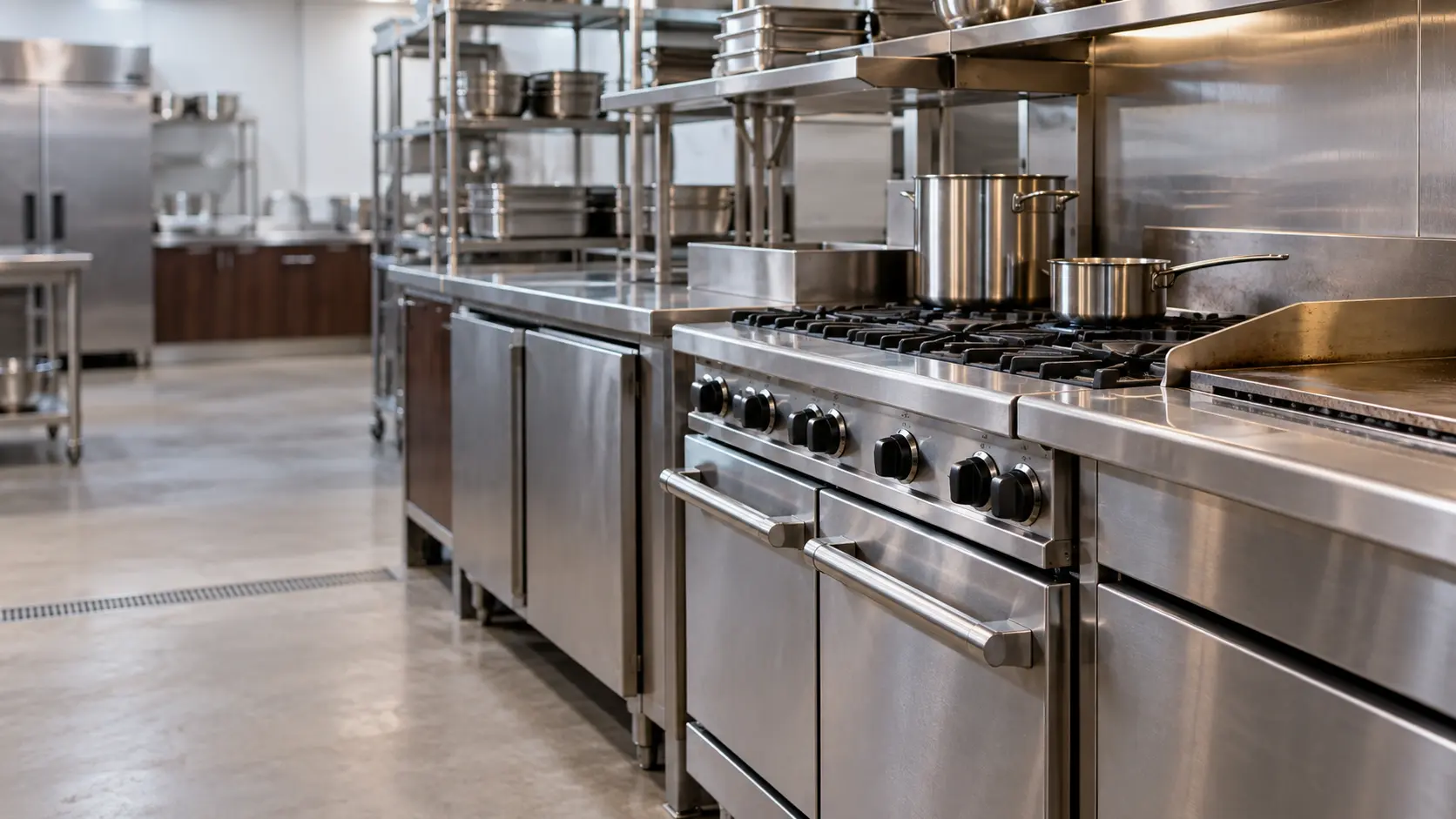 A restaurant kitchen with a cooking line and dark walnut cabinets, seen close at the stainless equipment.