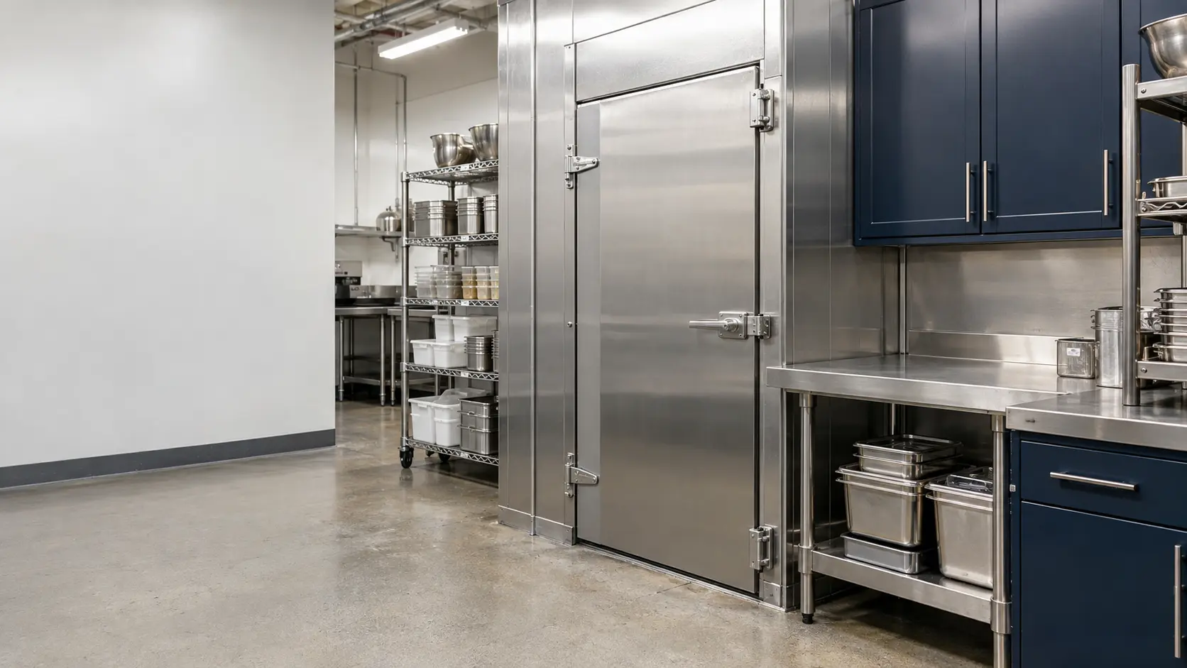 A restaurant back room with a walk-in cooler and navy painted cabinets, seen close at the stainless equipment.