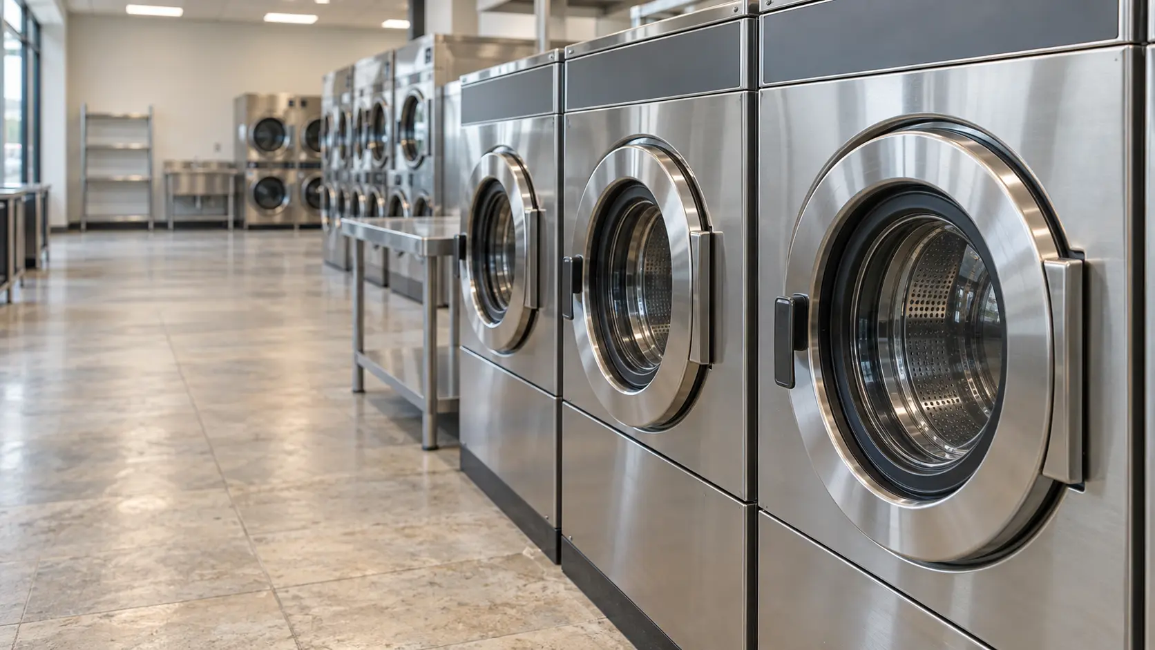 A laundromat with rows of machines and travertine pavers, seen close at the stainless equipment.