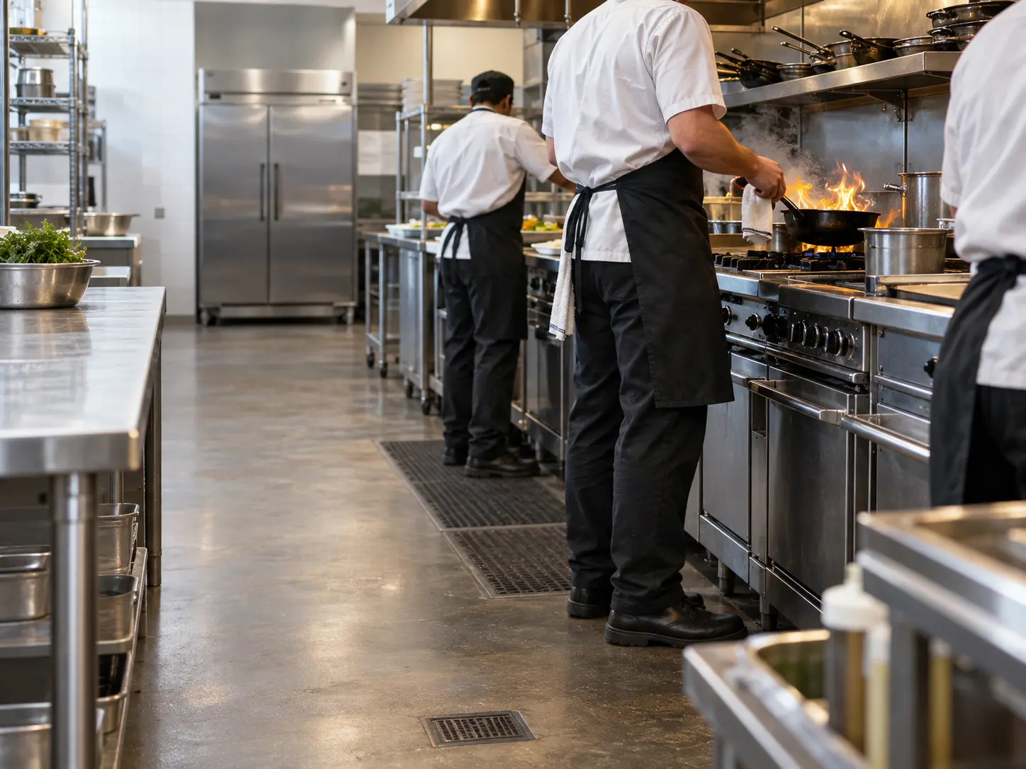 A restaurant team working a busy commercial kitchen line.