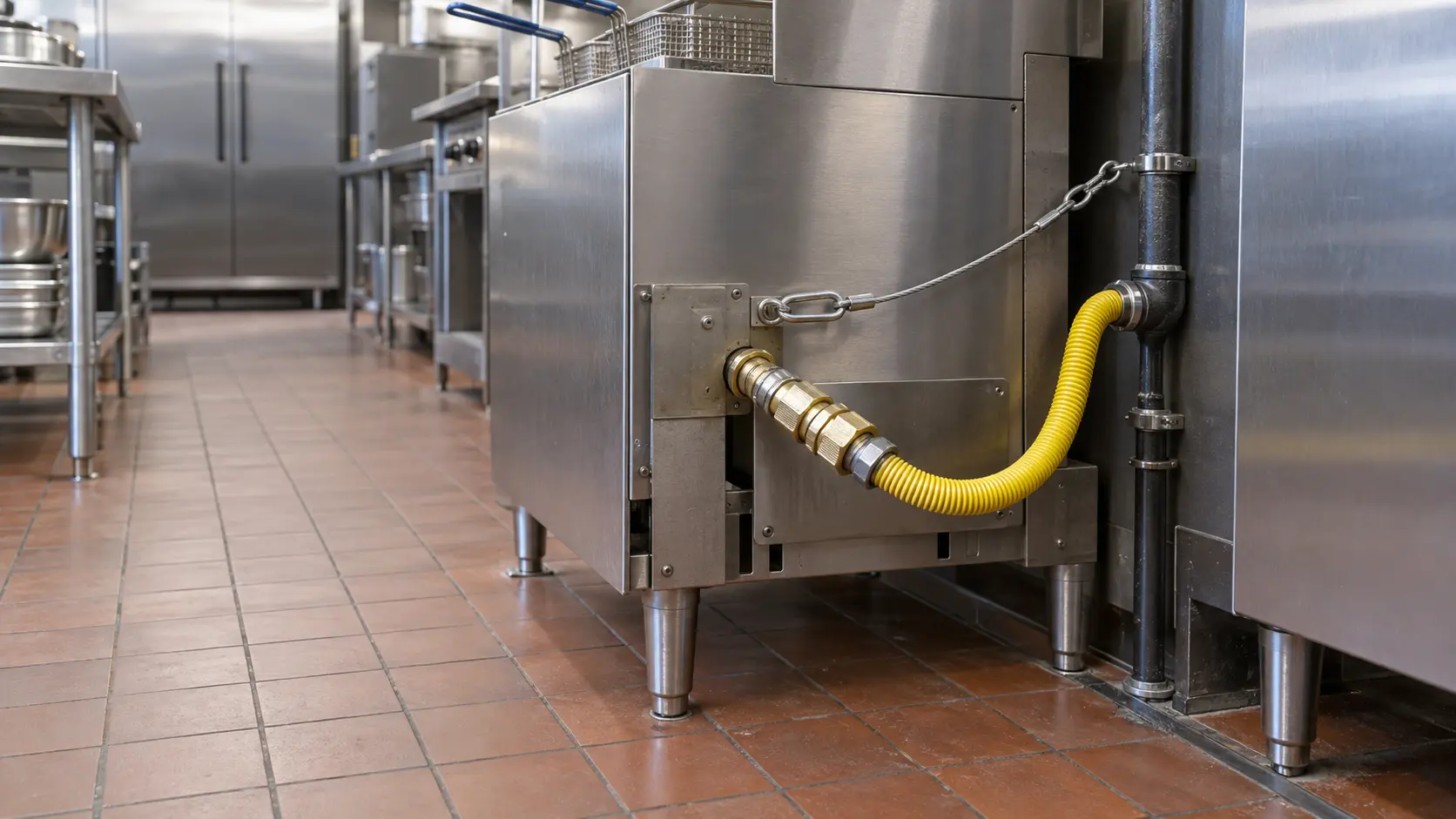 A gas quick-disconnect hose and a restraining cable behind a commercial fryer.