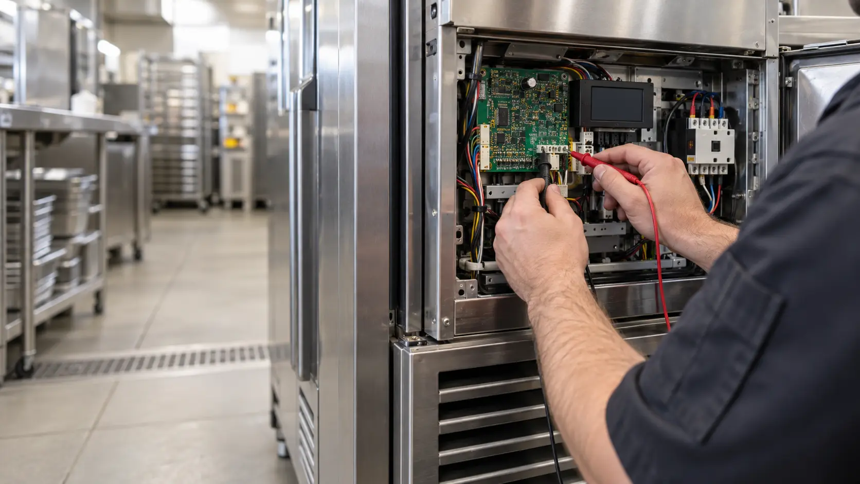 Close view of a technician's hands, shoulders down, holding meter probes to the terminals of a controller board inside the open control panel of a stainless commercial kitchen unit, neat wiring and a contactor visible, a blank dark display beside the board, the controls clearly the subject, even light.