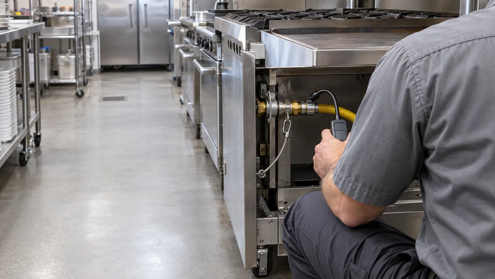 A technician in a plain gray work shirt, seen from behind and shoulders down, crouches at the pulled-out rear of a stainless restaurant cooking line, holding a small electronic gas leak detector near a quick-disconnect gas hose with a steel restraint cable, the griddle and burners above him unlit, the gas connection clearly the subject, even kitchen light.