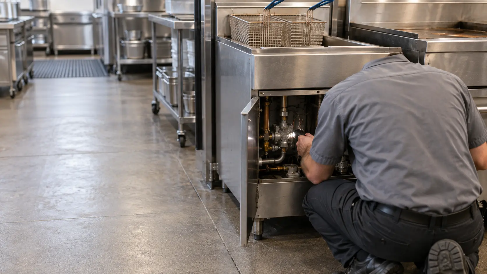 A technician in a plain gray work shirt, seen from behind and shoulders down, kneels at the open lower door of a cold stainless gas fryer on a restaurant cooking line, a small flashlight pointed at the gas valve and pilot area inside, the empty vat and baskets above, the fryer clearly the subject, even kitchen light.