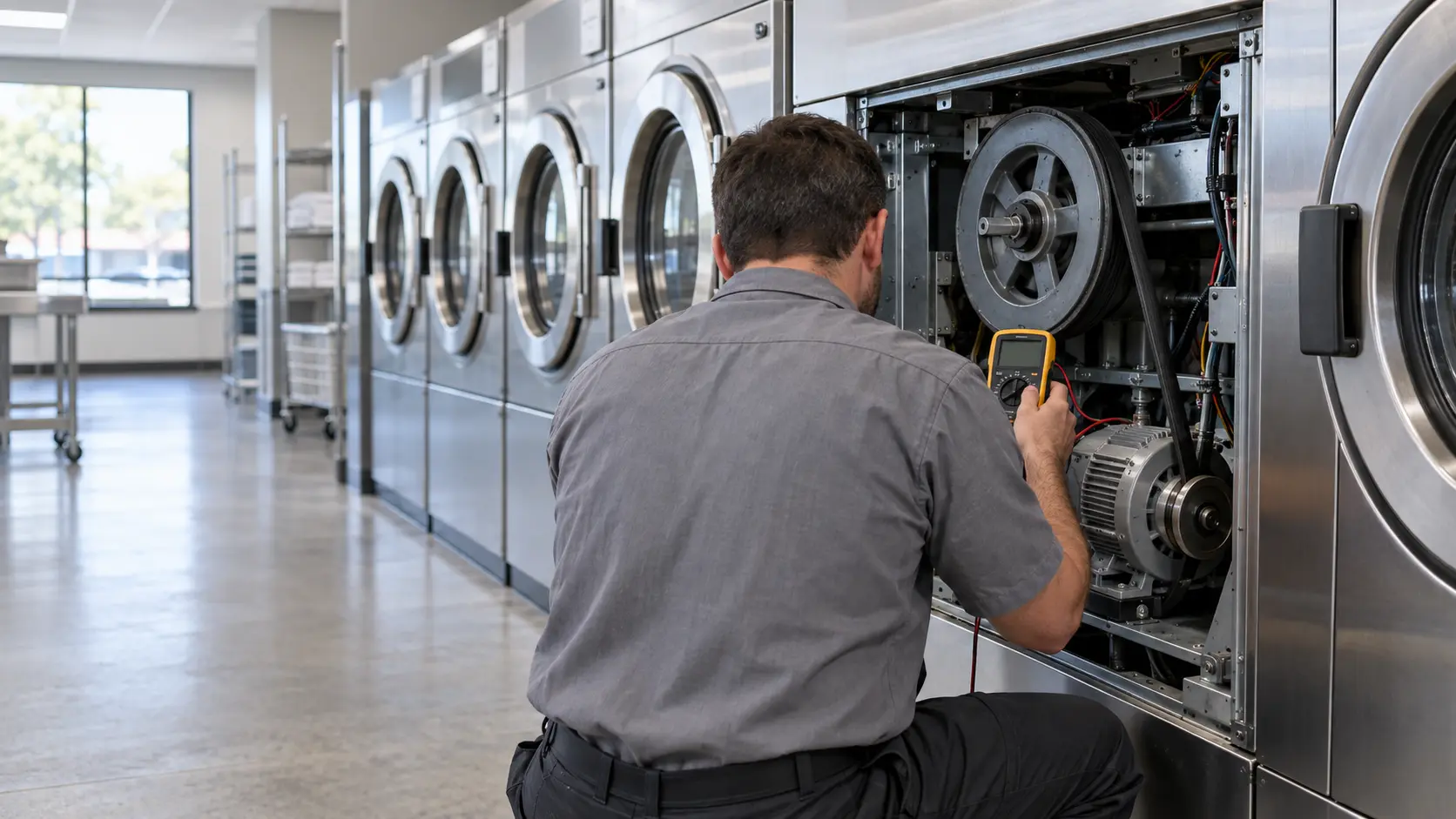 A technician in a plain gray work shirt, seen from behind, works at the open rear service panel of a stainless commercial front-load laundry machine in a quiet laundromat, a digital meter in hand, the motor and belt visible inside, the rest of the row of machines softly blurred beside him, the laundry machine clearly the subject, daylight.