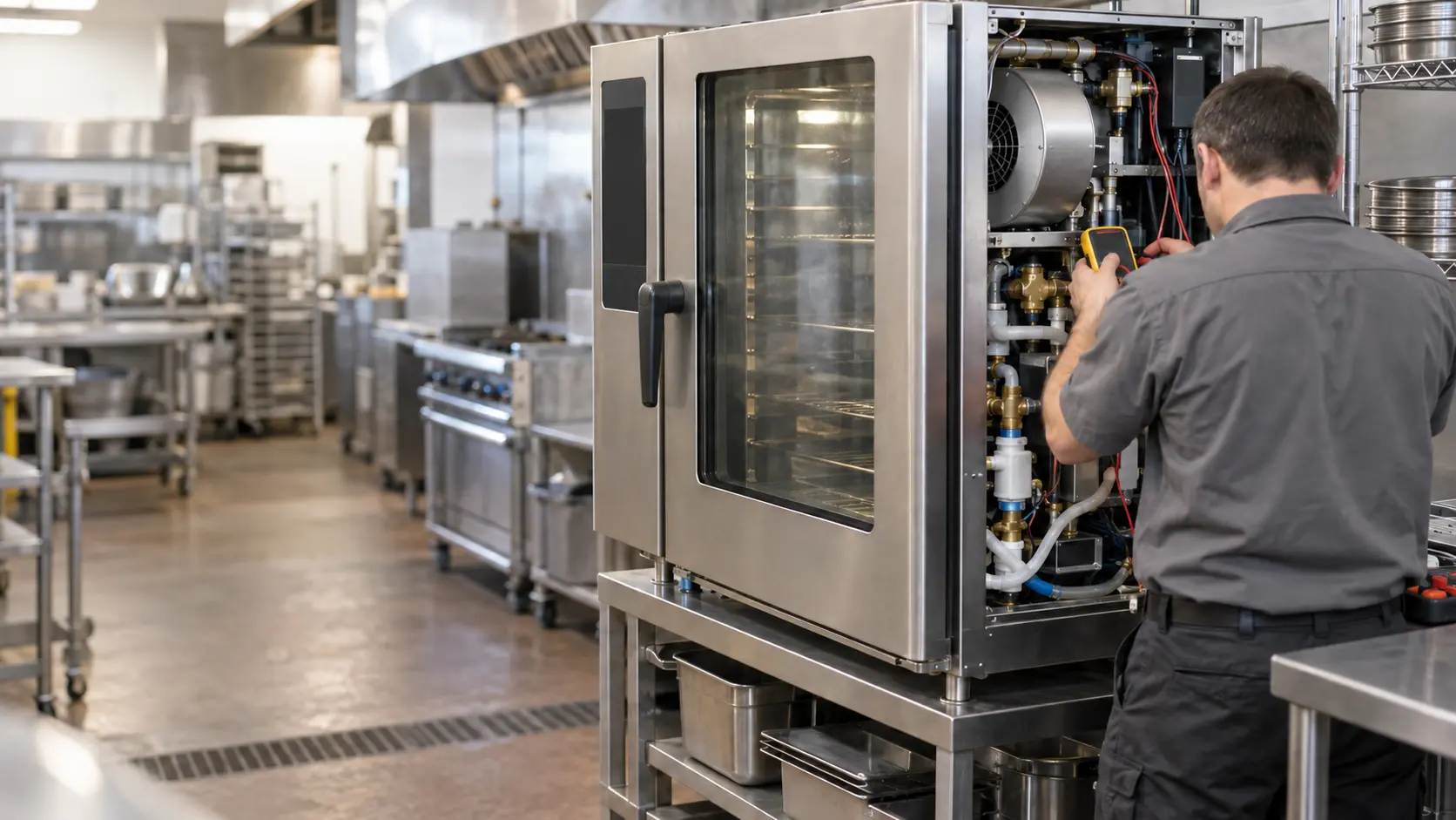 A technician in a plain gray work shirt, seen from behind, works at the open side service panel of a stainless combi oven with a glass door on a stand in a restaurant kitchen, a digital meter in one hand, the oven's fan housing and water lines visible inside the panel, the combi oven clearly the subject, even kitchen light.