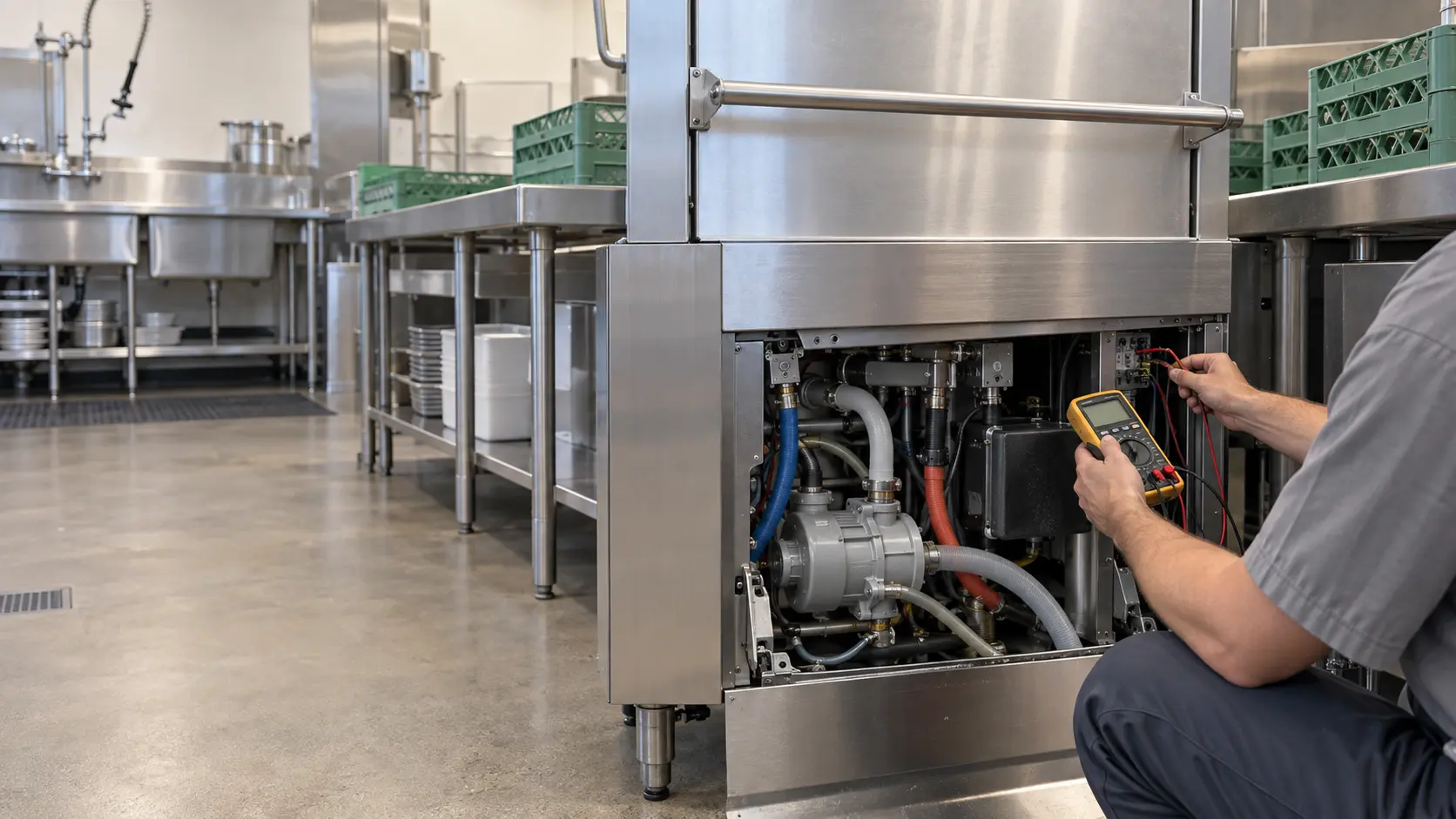 A technician in a plain gray work shirt, seen shoulders down, crouches at the open lower front panel of a stainless door-type dish machine in a restaurant warewashing station, a digital meter in hand, pumps and hoses visible inside, empty green racks on the table above, the dish machine clearly the subject, even light.