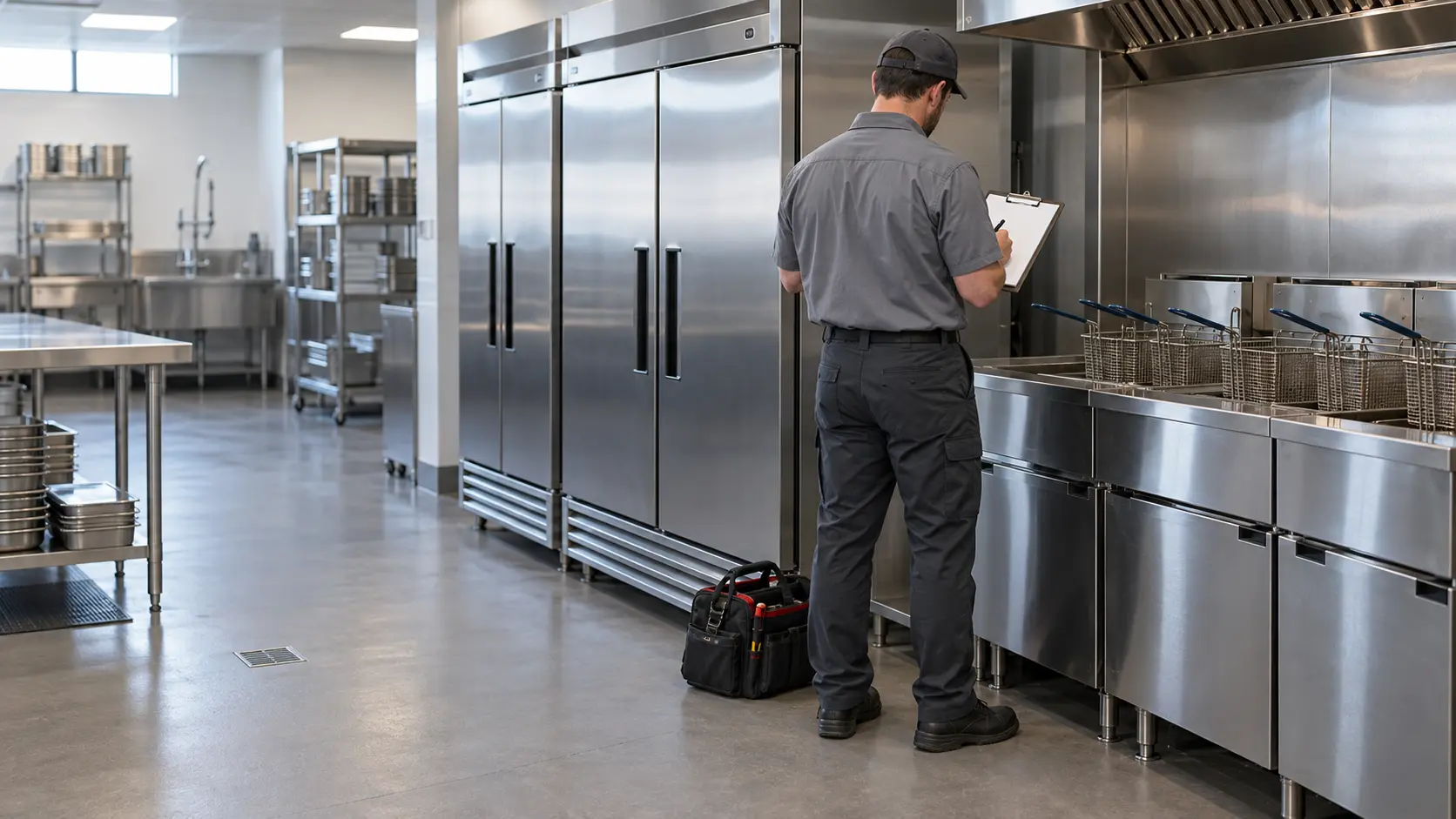 A technician in a plain gray work shirt, seen from behind, writes on a plain clipboard beside a row of stainless reach-in cabinets and a fryer line in a clean, empty restaurant kitchen before opening, a small tool bag on the floor at his feet, the equipment clearly the subject, soft morning light.