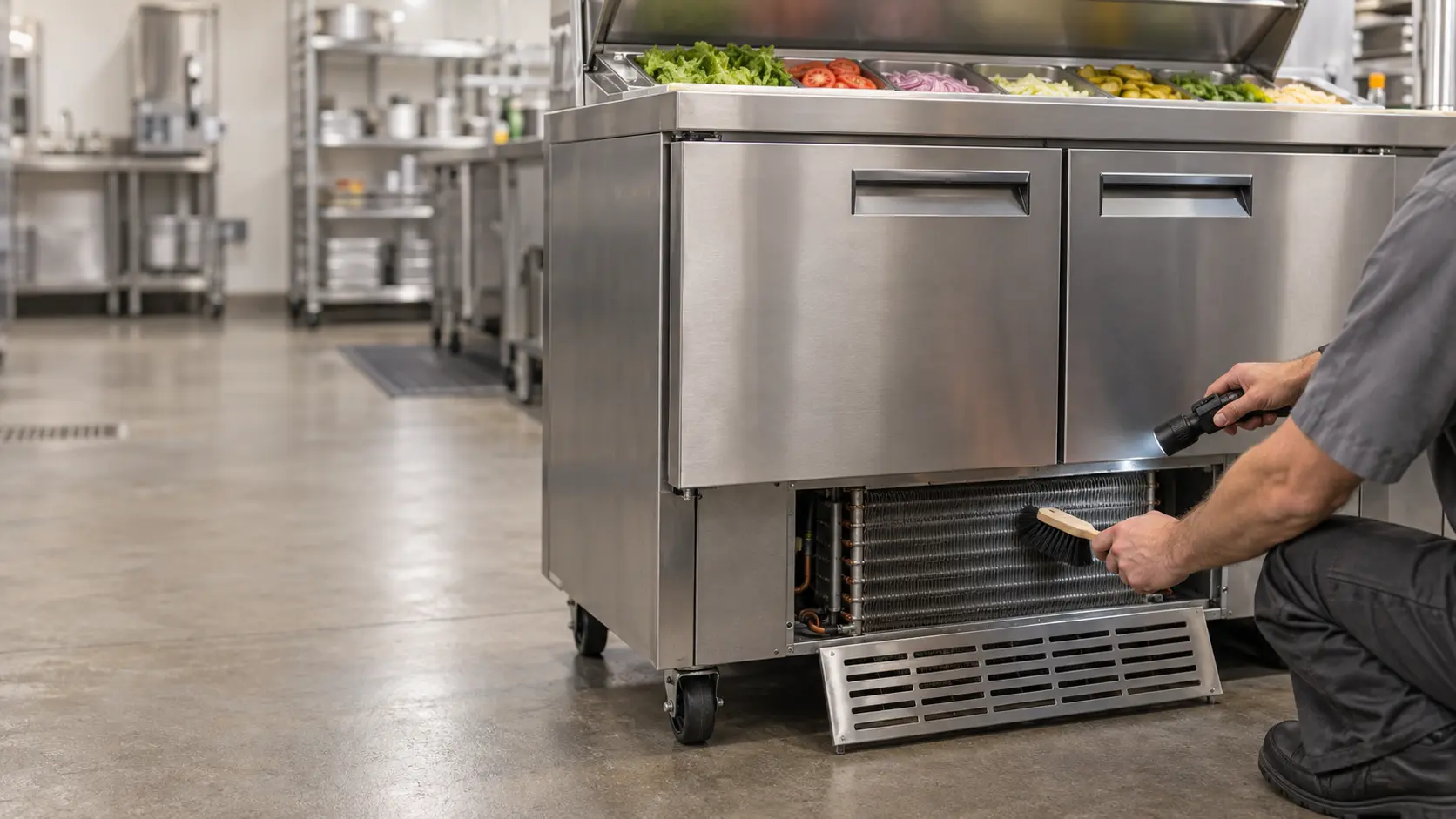 A technician in a plain gray work shirt, seen shoulders down, kneels at the lower grille of a stainless sandwich prep table with its pan rail of fresh ingredients on top, cleaning the condenser coil with a soft brush and a small flashlight, a restaurant kitchen softly blurred behind, the prep table clearly the subject.