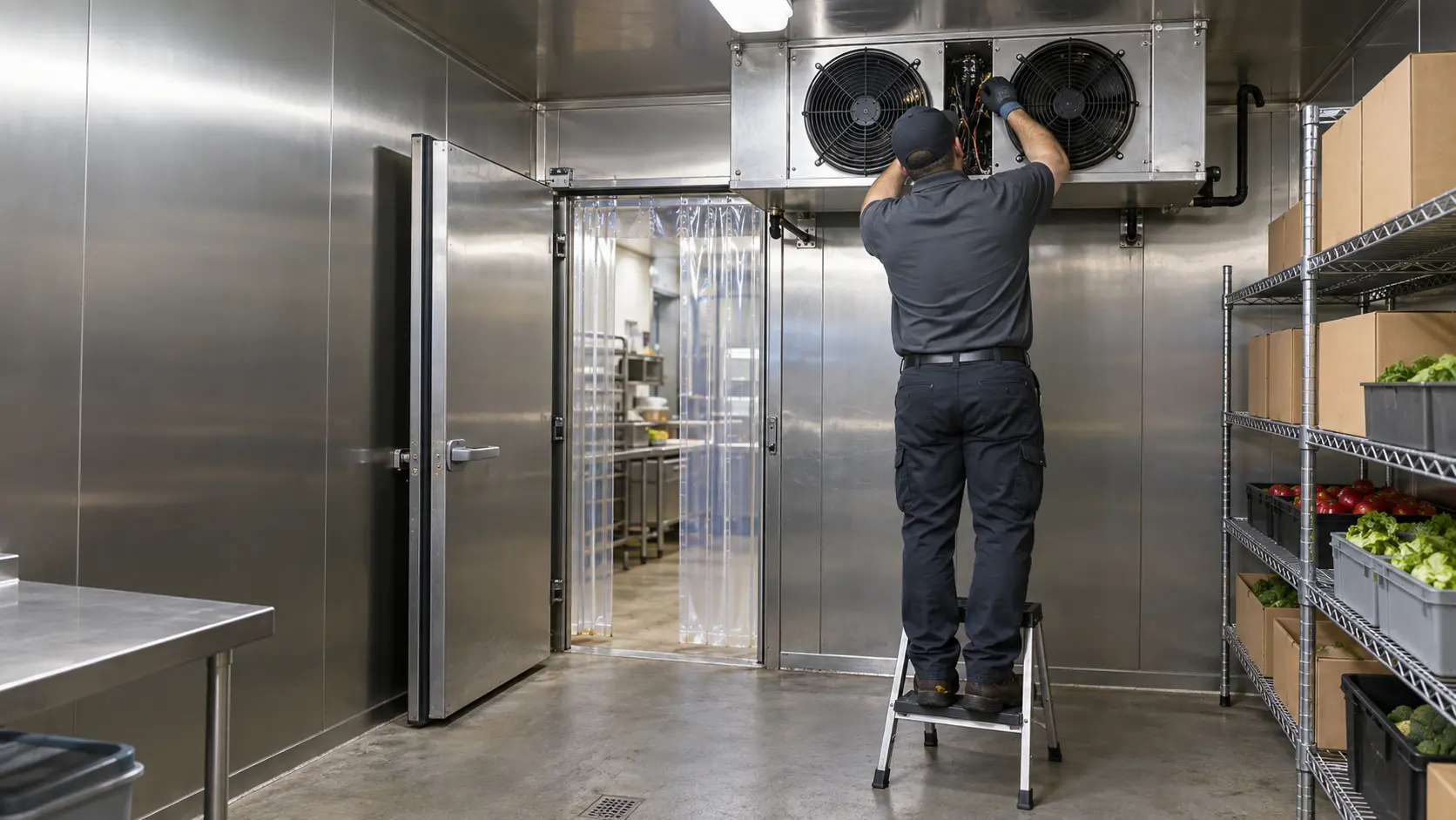 Inside a walk-in cooler with stainless shelving of boxed produce, a service technician, back to the camera, on a low step stool working at the evaporator fan housing on the ceiling, the walk-in door open behind him with a clear strip curtain, cool white light, the evaporator and the walk-in clearly the subject.