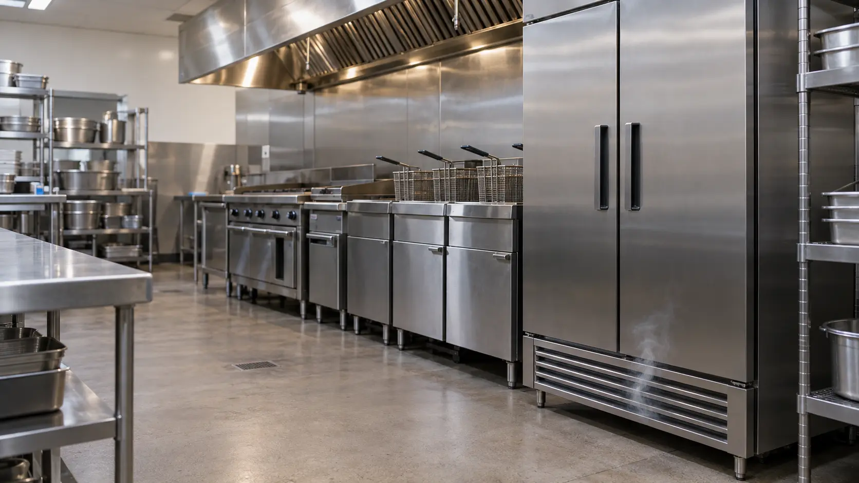 A thin wisp of gray smoke rising from the lower grille of a stainless reach-in cabinet standing beside a commercial fryer line, the reach-in doors closed, the kitchen lights on and the line empty.