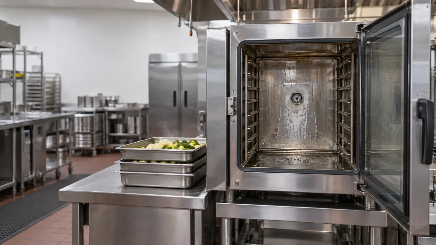 A stainless combi oven with its glass door open on an empty cavity, white mineral scale crusted around the steam outlet at the back wall, a stack of hotel pans with pale steamed vegetables on the counter beside it.