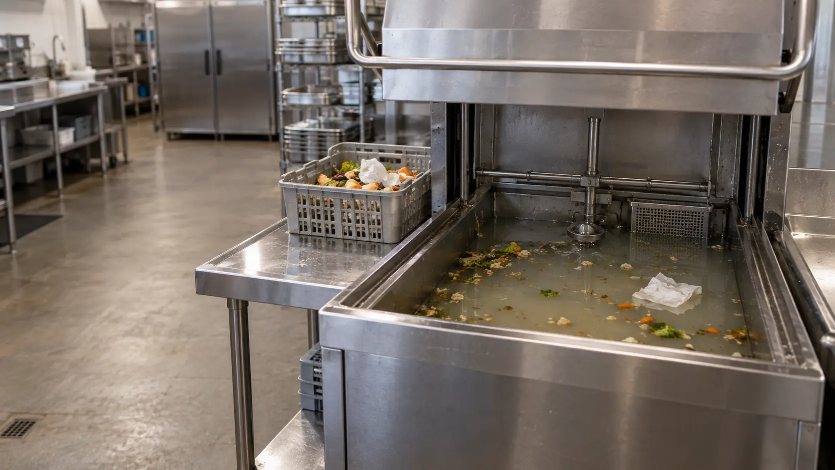 The open tank of a stainless dish machine with its hood raised, gray cloudy water standing in the bottom with bits of food and a napkin floating on it, a full scrap basket resting on the landing table beside it.